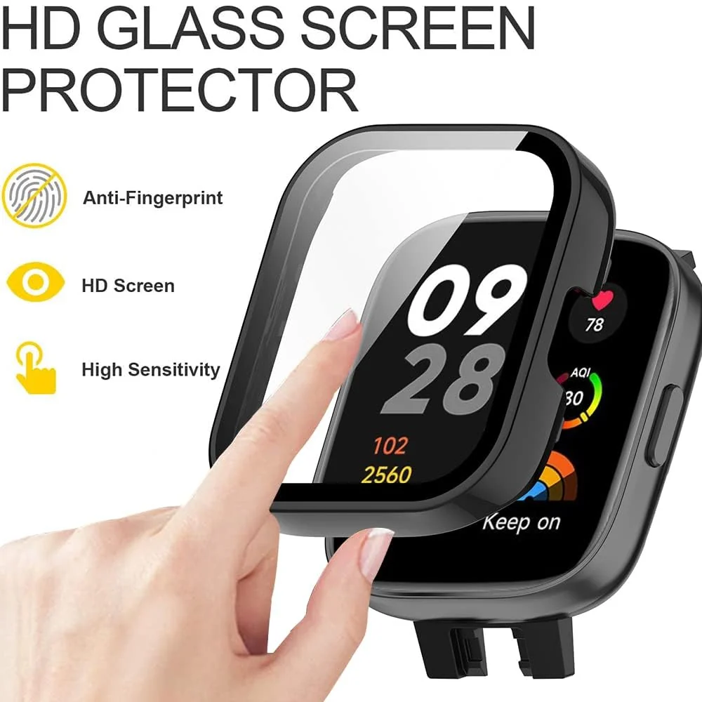 DL3 Mobilak Protective Case For Xiaomi Redmi Watch 3 (Not for Redmi Watch 3 Lite/Active) 9H Hardness PC Case Bumper Full Slim Protective Cover with Built-in Tempered Glass Screen Protector - Black
