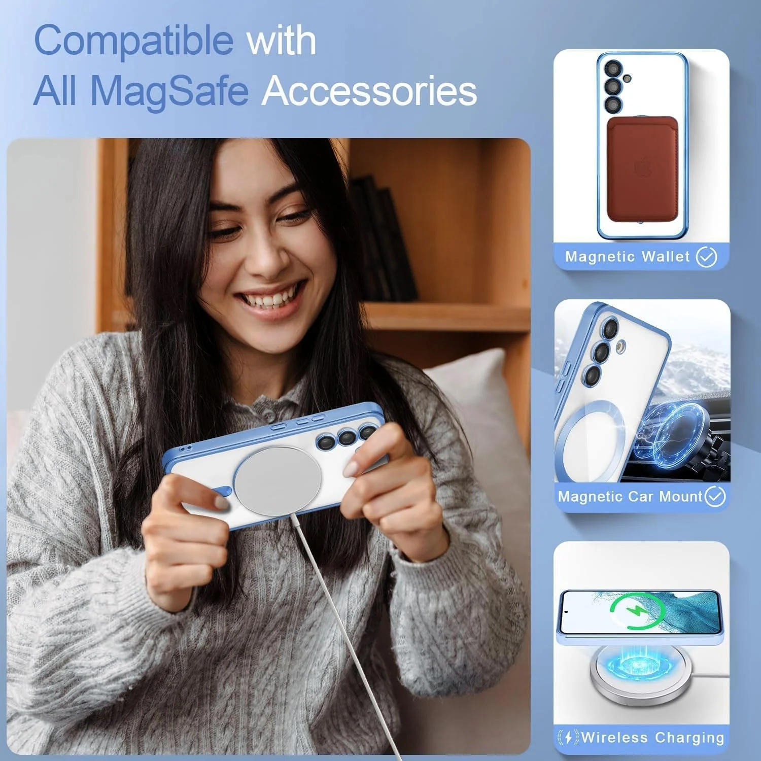 DL3 Mobilak For Samsung Galaxy S24 Fe Magnetic Clear Case, Compatible with MagSafe, Built-in Camera Lens Protector, Luxury Plating Soft TPU Shockproof Slim Cover 6.7 inch - Sierra Blue