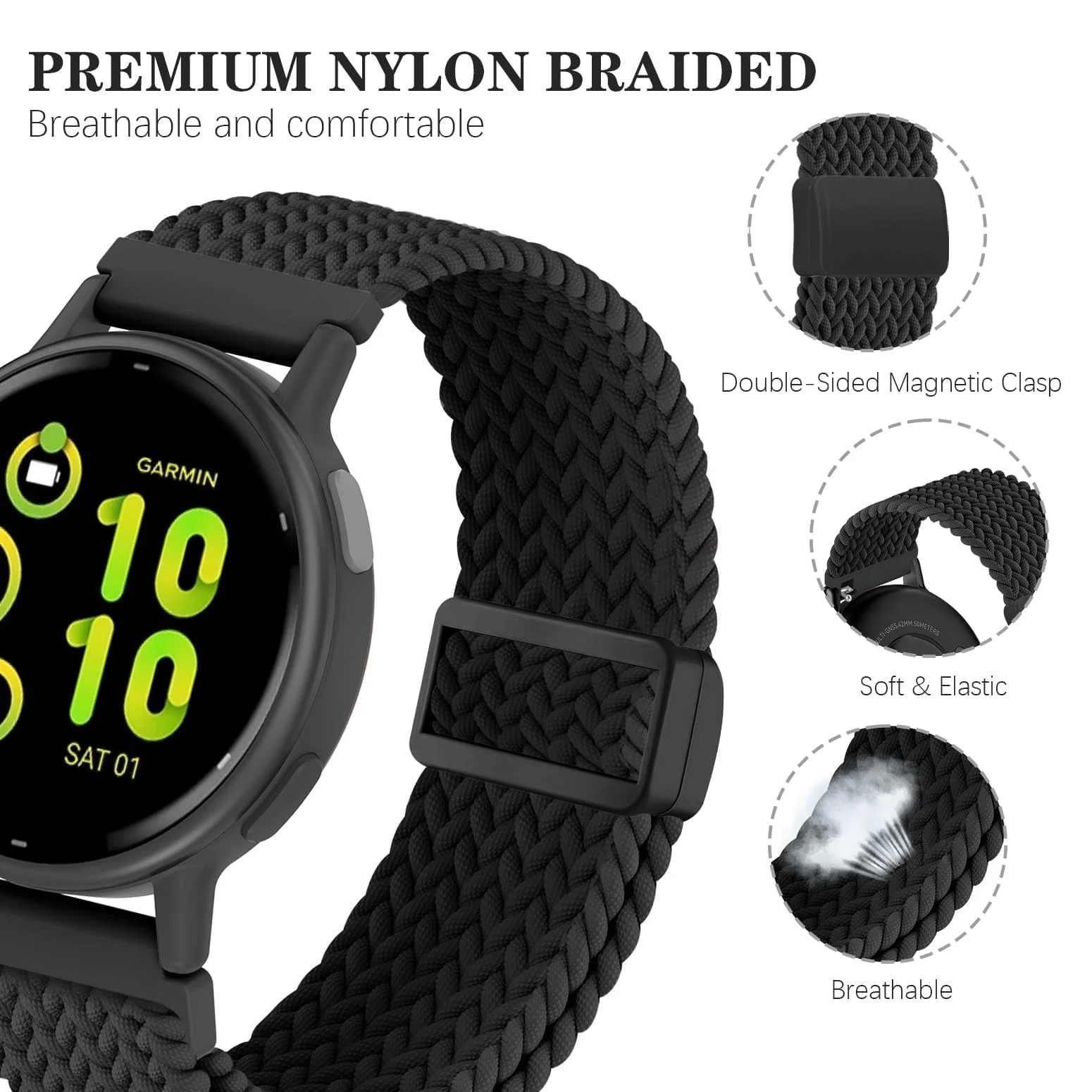 DL3 Mobilak Magnetic Braided Nylon Band Compatible with Xiaomi Redmi Watch 5 Active/Xiaomi Redmi Watch 5 Lite, 22mm Elastic Loop Stretchy Wristband Strap Replacement for Redmi Watch 5 Active/Redmi Watch 5 Lite - Black