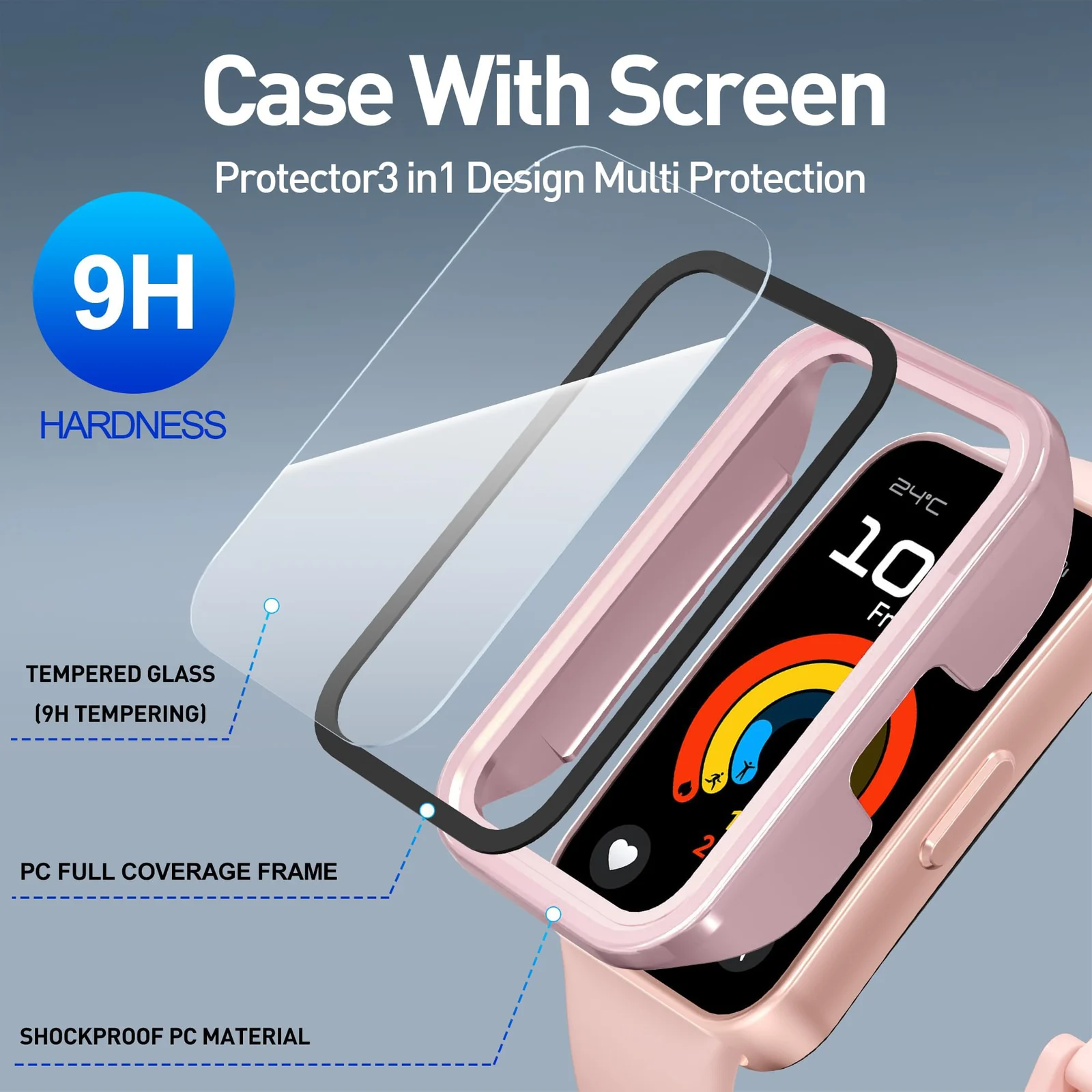 DL3 Mobilak Case with Screen Protector for Huawei Band 10, Bumper Full Coverage Hard PC Overall Protective Cover, Built-in Tempered Glass Film High Sensitivity For Huawei Band 10 - Pink