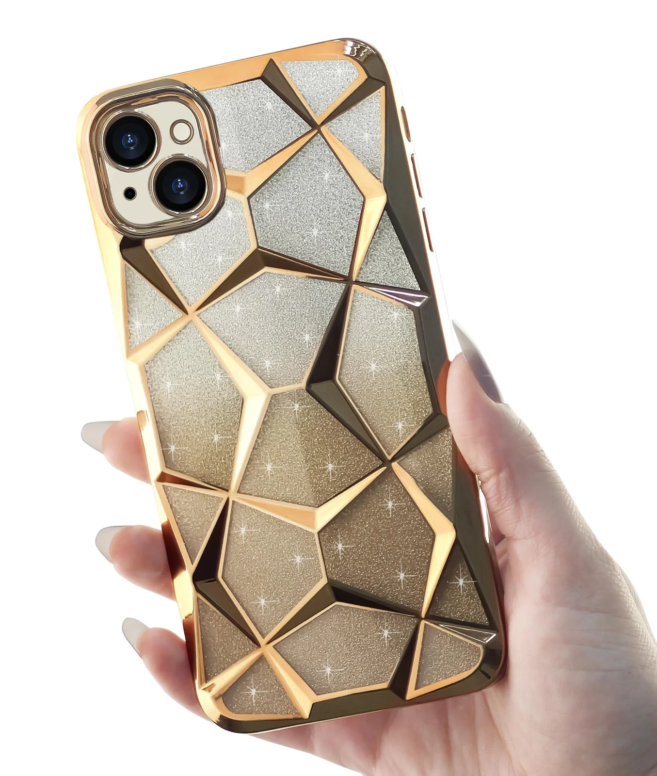 DL3 Mobilak Compatible with iPhone 15 (6.1 Inch) Case Plating Bling Gradient Glitter Clear Cover Soft TPU Silicone Cute Camera Protection Shockproof Back for Women Girls Case - Gold
