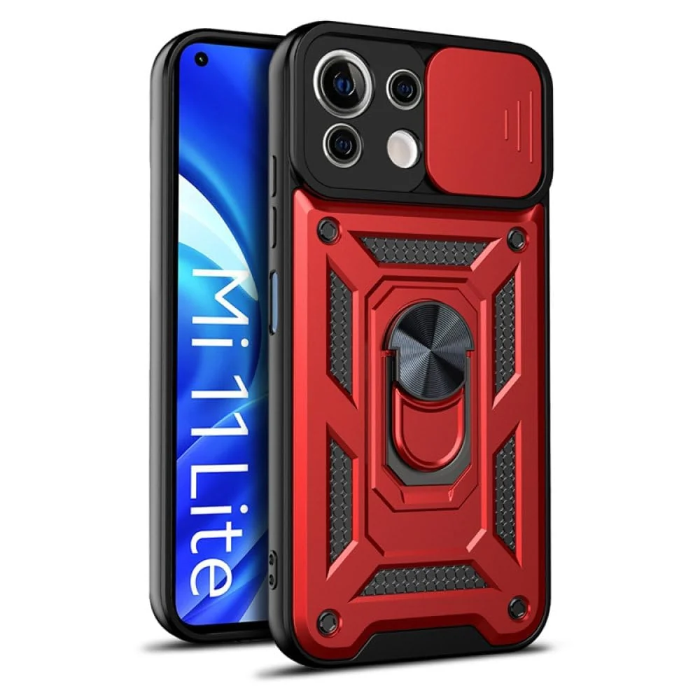 DL3 Mobilak Military-Grade Protective Case with Sliding Camera Cover, Metal Ring Kickstand and Magnetic Car-Mount Support for Xiaomi Mi 11 Lite 4G / 5G & Mi11 Lite 5G NE - Red
