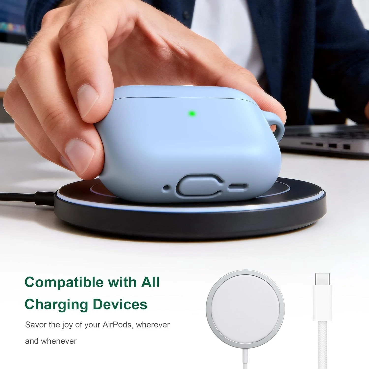 DL3 Mobilak AirPods 3 Case Cover, Silicone Protective Accessories Skin with Keychain Compatible with Apple AirPod 3rd Generation 2021 for Women Girl, Front LED Visible - Baby Blue