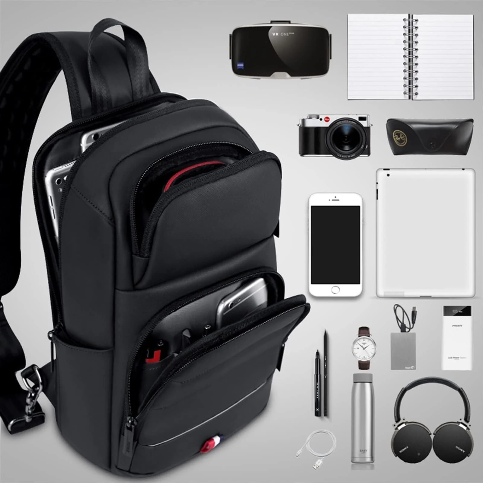 Mobigon Laptop Sling Backpack Anti Theft Bag, Hiking Daypack 12 Inch Fits iPad - Tablet 7 to 9.7 Inch Waterproof Nylon Crossbody Bags for Men, Single Shoulder Camping Dayback with USB Port - Black