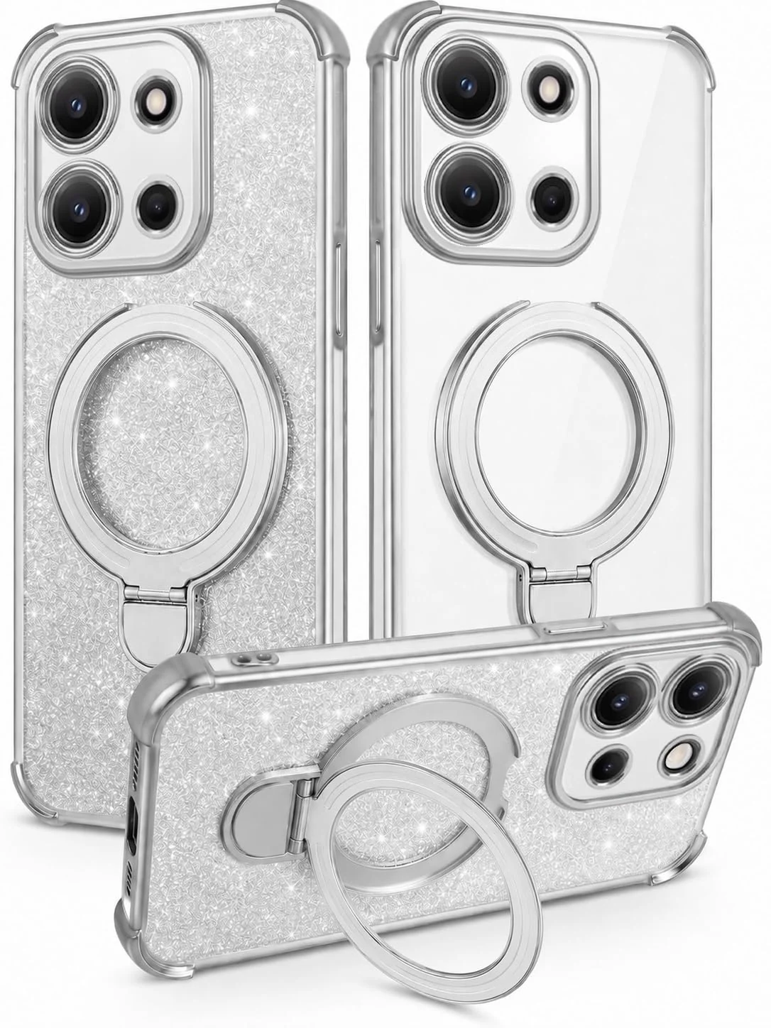 MOBIGON Glitter Phone Case with Magnetic Ring Stand for Xiaomi Redmi 15C 4G / POCO C85 4G, Silver