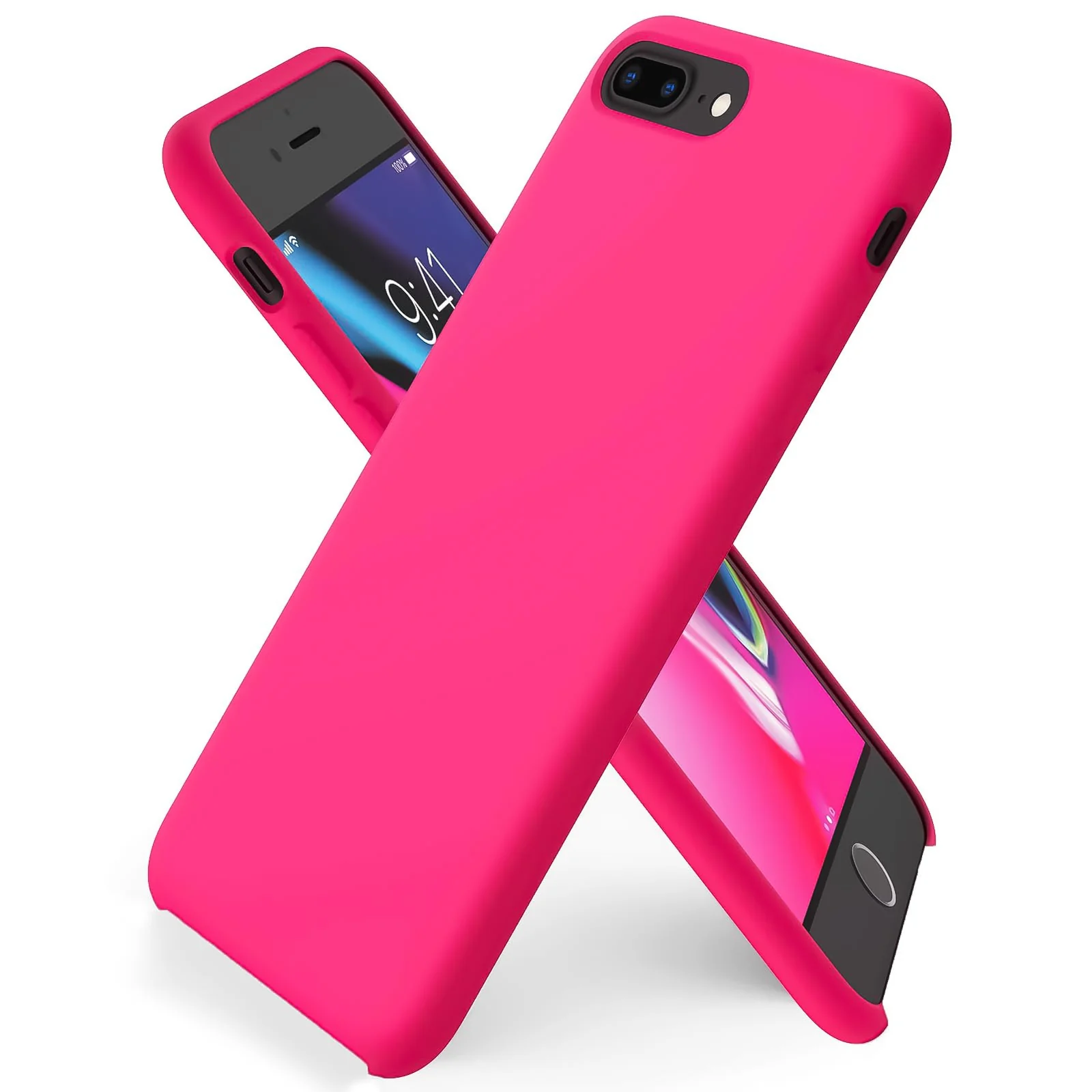 DL3 Mobilak Compatible with iPhone 7 Plus/iPhone 8 Plus Case, Liquid Silicone Case, Full Body Protective Cover, Shockproof, Slim Phone Case, Anti-Scratch Soft Microfiber Lining - Neon Pink