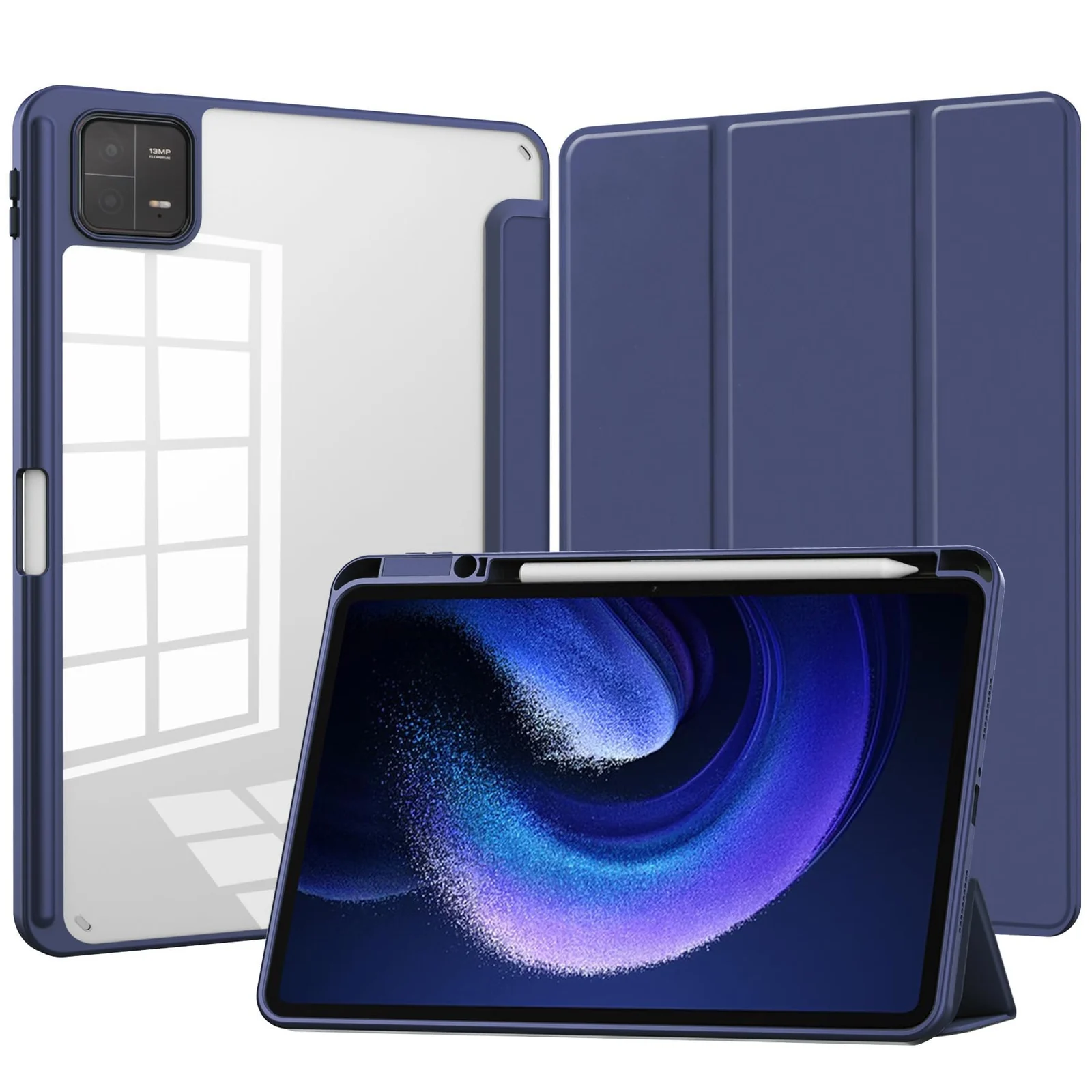 DL3 Mobilak Case for Xiaomi Pad 7 / Xiaomi Pad 7 Pro 2024 11.2 inch, Clear Shockproof Back Cover Built-in Pencil Holder, Auto Sleep/Wake - Dark Blue