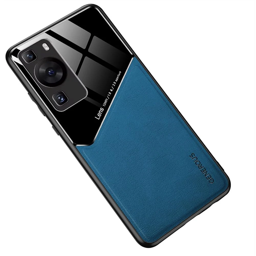 DL3 Mobilak Leather and PC Protective Case for Huawei P60 Pro, Built-in magnetic car-mount support, Shock-absorbing protection, Raised edges around the screen and camera - Blue