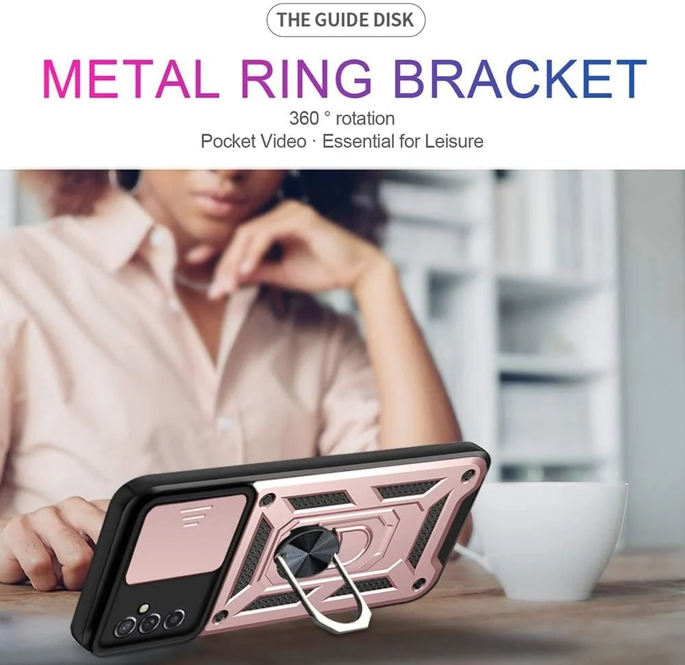 DL3 Mobilak Military-Grade Protective Case with Sliding Camera Cover, Metal Ring Kickstand and Magnetic Car-Mount Support for Samsung Galaxy A54 5G - Rose Gold