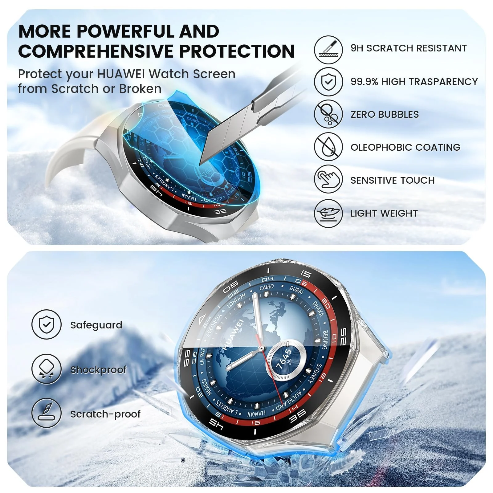 DL3 Mobilak Protective Case for Huawei Watch GT 5 Pro 46mm, Hard PC Bumper Cover with Built-in Tempered Glass Screen Protector Shell Cover Full Coverage with Scale for GT5 Pro 46 mm - White