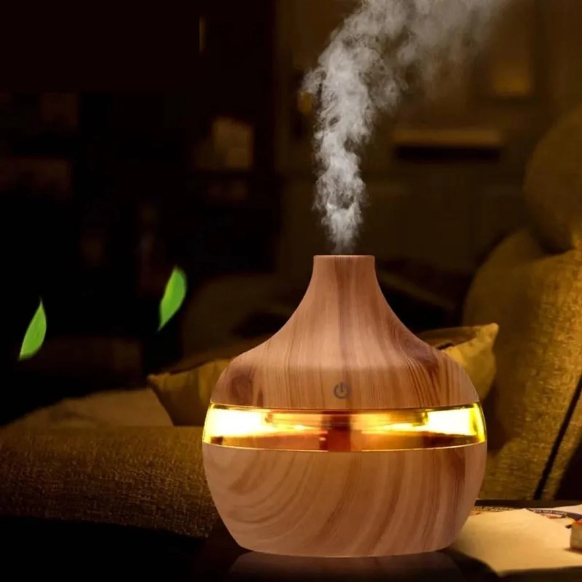 Mobigon Wood Cool Mist Ultrasonic Humidifier for Room Moisture, Aroma Diffuser for Home, 300ml Essential Oil Diffuser with 7 Colorful Night Light, Auto Shut-Off, Home, Office, car - D.Light Brown