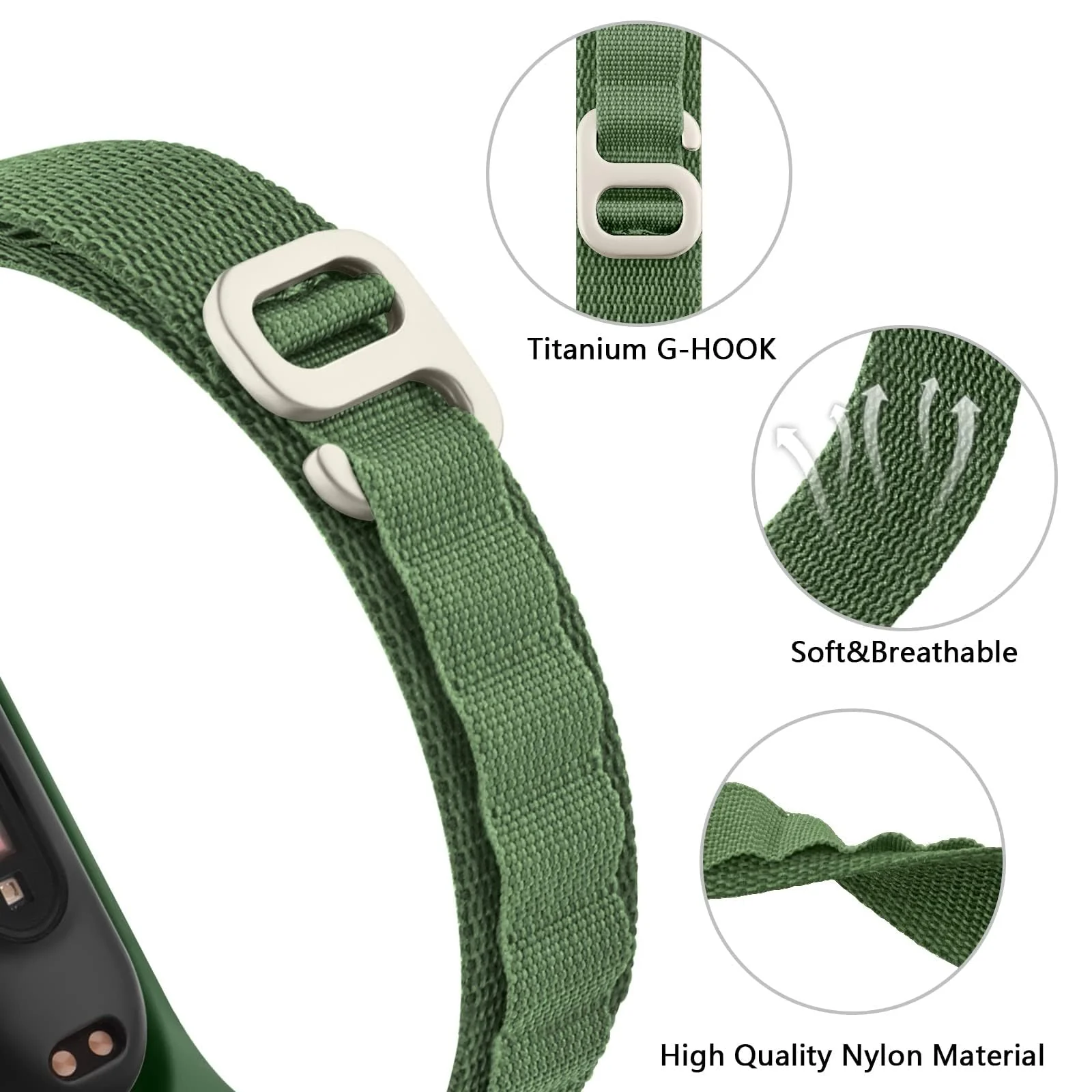 DL3 Mobilak Alpine Loop Band for Xiaomi Mi Band 7/Mi Band 6/Mi Band 5/Mi Band 4/Mi Band 3, Women Men Nylon Sport Solo Loop Rugged Wristband with G‑Hook - Green