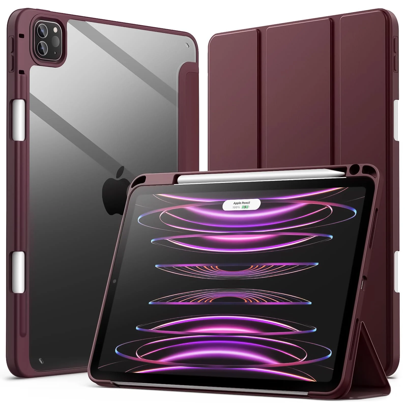 DL3 Mobilak for iPad Pro 12.9 Case 6th/5th/4th/3rd Generation 2022/2021/2020/2018, Clear Shockproof Back Cover Built-in Pencil Holder, Auto Sleep/Wake - Wine Red
