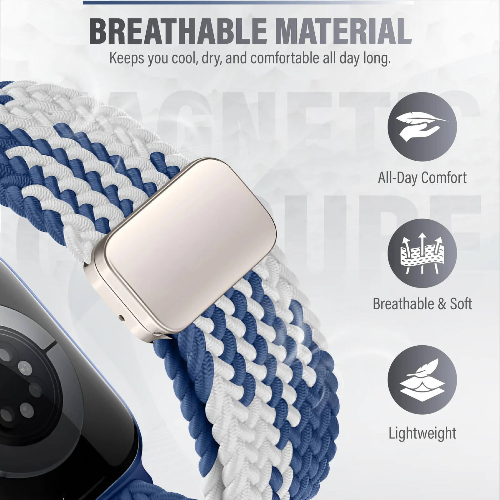 DL3 Mobilak Sport Solo Loop Compatible with Apple Watch Band 42mm 44mm 45mm 46mm 49mm for Women Men, Magnetic Strap Stretchy Braided Wristband for iWatch Series 11 10 9 8 7 6 5 4 3 Ultra 3 2 1 SE SE2 - Blue-White
