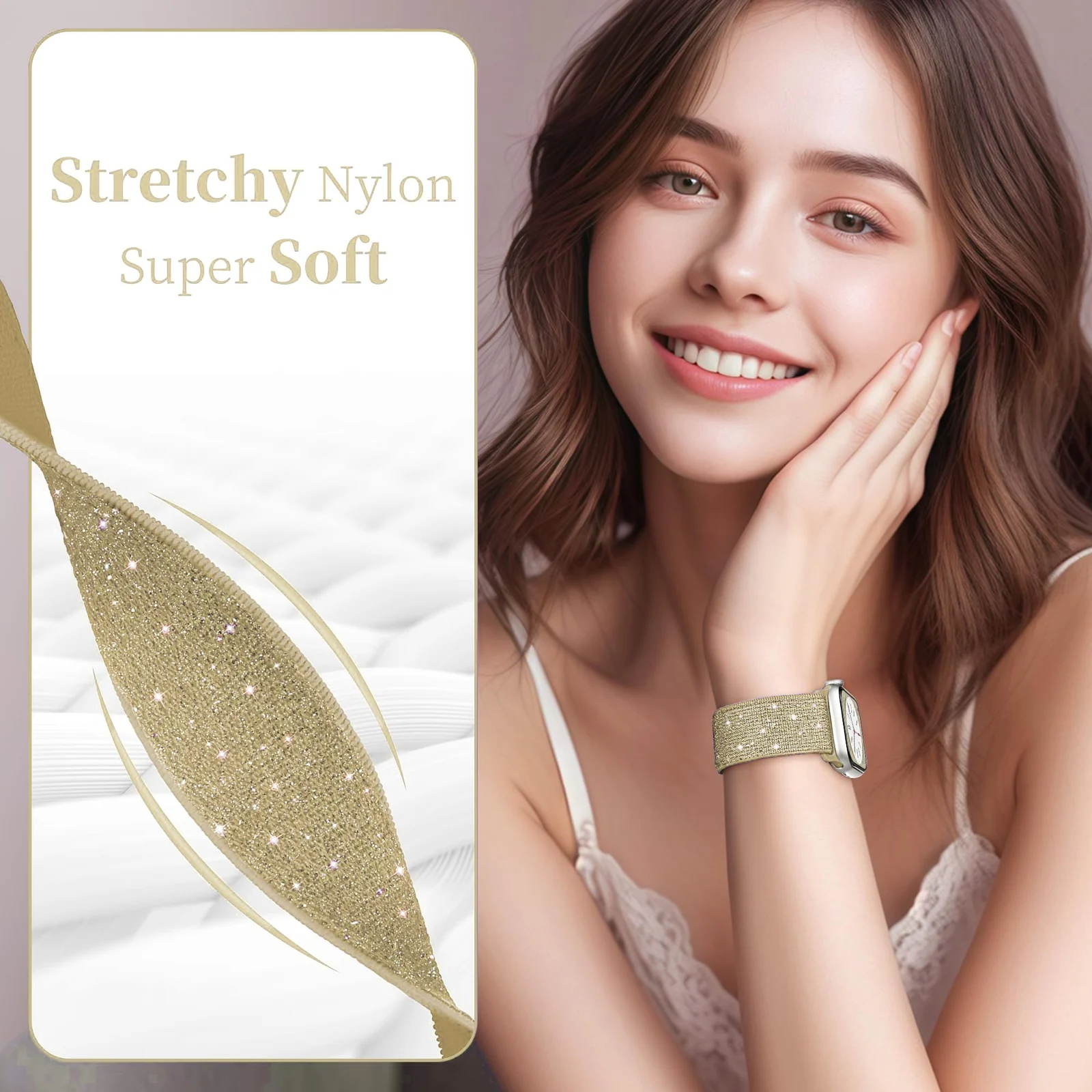 DL3 Mobilak Stretchy Bling Band For Apple Watch 49mm 46mm 45mm 44mm 42mm Women, Nylon Sparkly Strap Solo Loop Glitter Wristband for iWatch Series 11 10 9 8 7 6 5 4 SE3 SE2 SE Ultra 3 2 1 - Gold