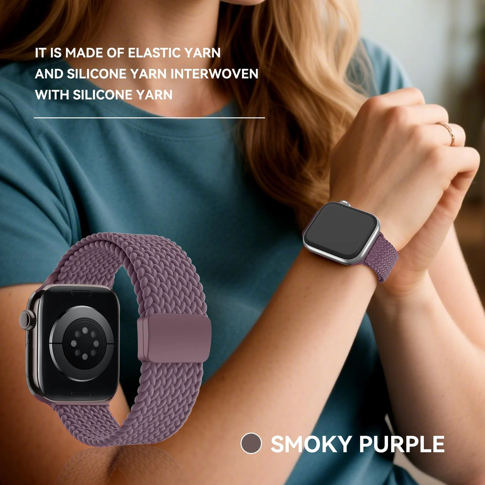 DL3 Mobilak Sport Solo Loop Compatible with Apple Watch Band 42mm 44mm 45mm 46mm 49mm for Women Men, Magnetic Strap Stretchy Braided Wristband for iWatch Series 11 10 9 8 7 6 5 4 3 Ultra 3 2 1 SE SE2 - A-Smoke Violet