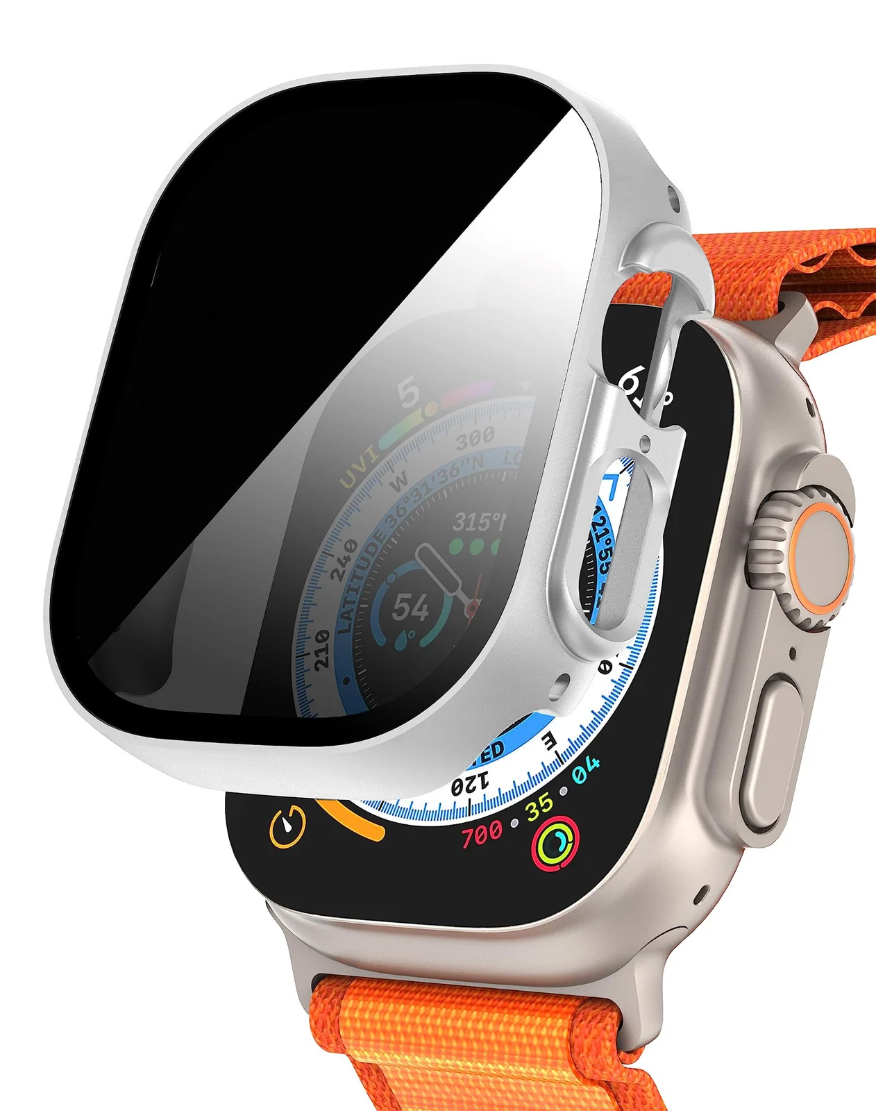 DL3 Mobilak Cover for Apple Watch Ultra 3/2/1 49mm Privacy Screen Protector Anti Spy, Shockproof Bumper Case, Integrated Hard PC Protective Case in HD Tempered Glass for Apple Watch Ultra - Silver