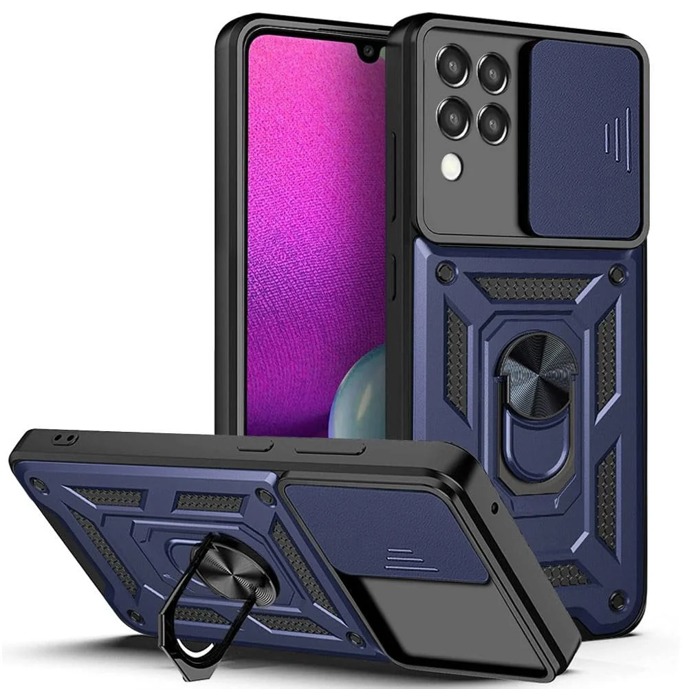 Dl3 Mobilak Case for Samsung Galaxy M33 5G with Slide Camera Cover, Military Grade Shockproof Protective Cover with Rotatable Metal Ring Kickstand [Support Magnetic Car Mount] (Blue)