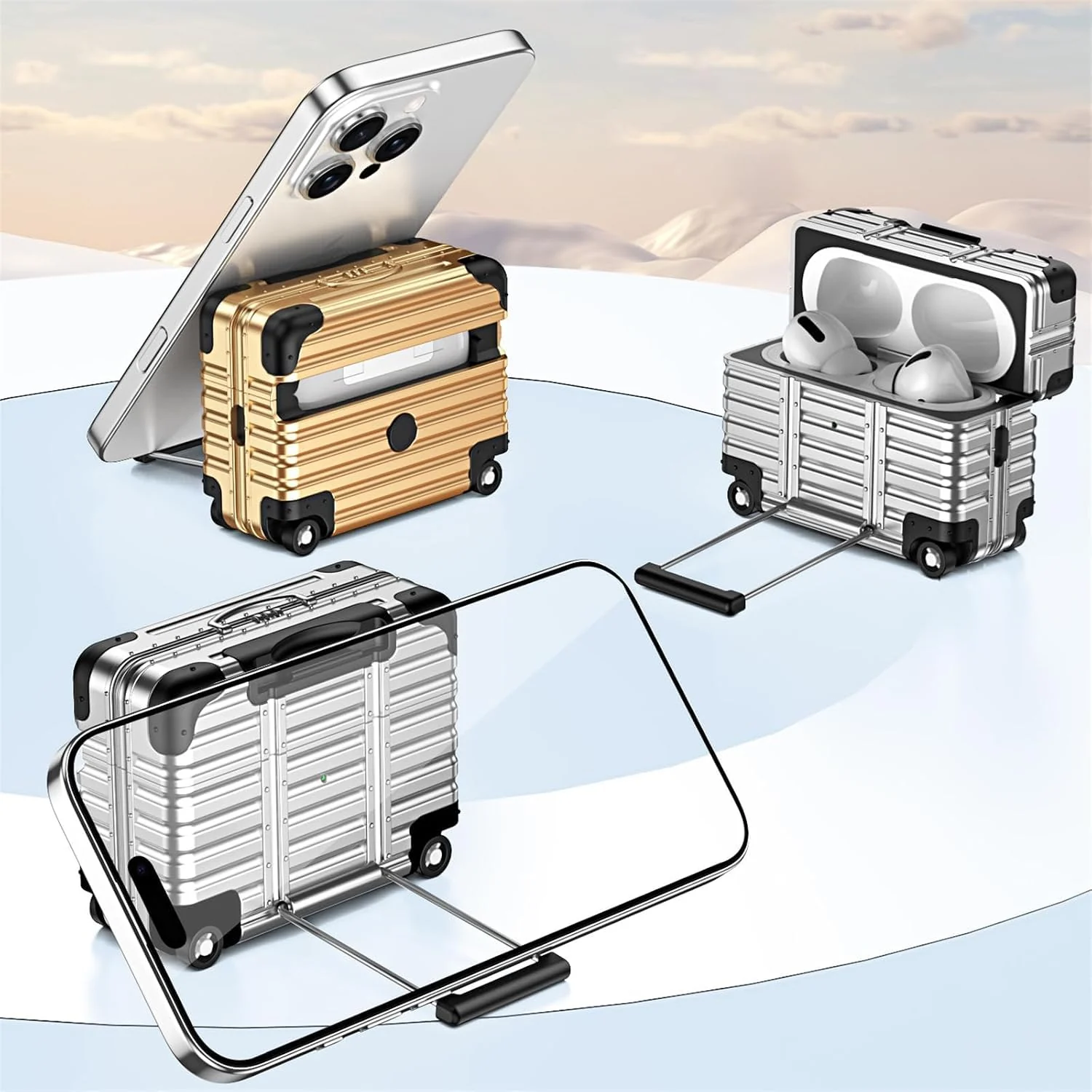 MOBIGON Suitcase-Style Hard Earbuds Case with Keychain for Apple AirPods Pro 1 / 2, Silver