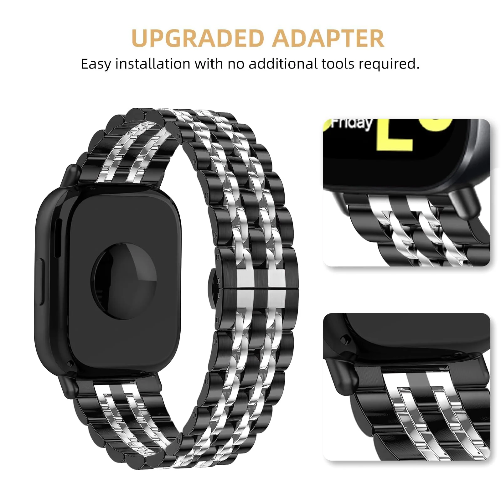 DL3 MOBILAK Adjustable Stainless-Steel Link Watch Strap for Xiaomi Redmi Watch 5 Lite and 5 Active - Black/Silver