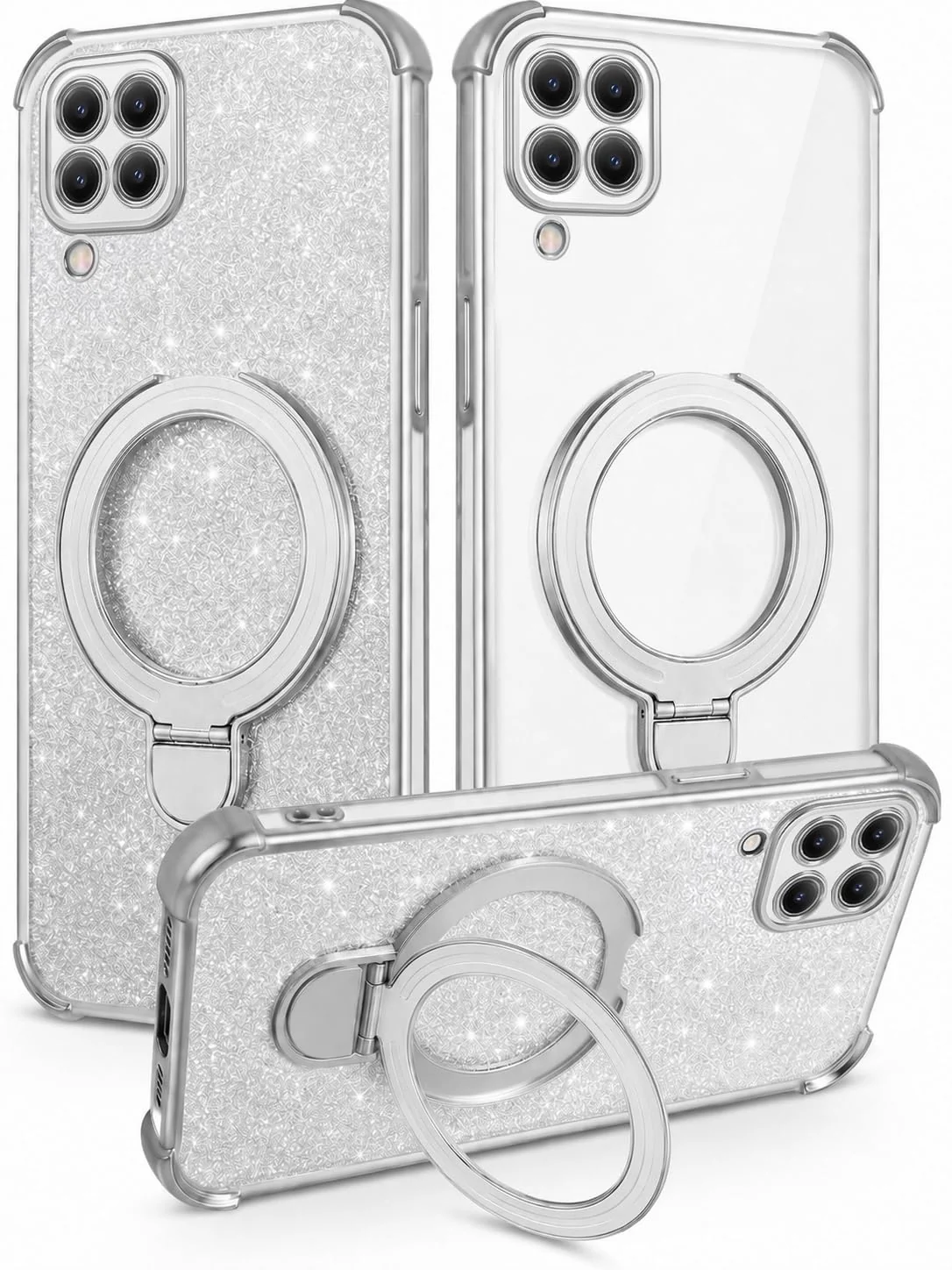 MOBIGON Glitter Phone Case with Magnetic Ring Stand for Samsung Galaxy A12 / M12, Silver