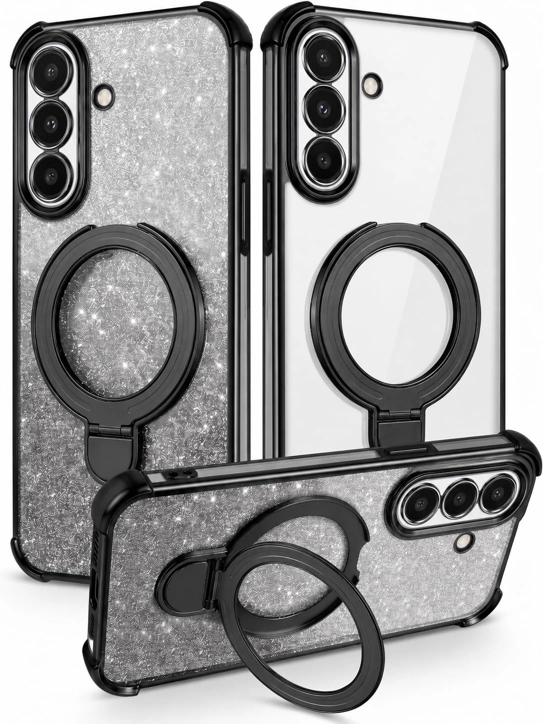MOBIGON Glitter Phone Case with Magnetic Ring Stand for Samsung Galaxy A17, Black