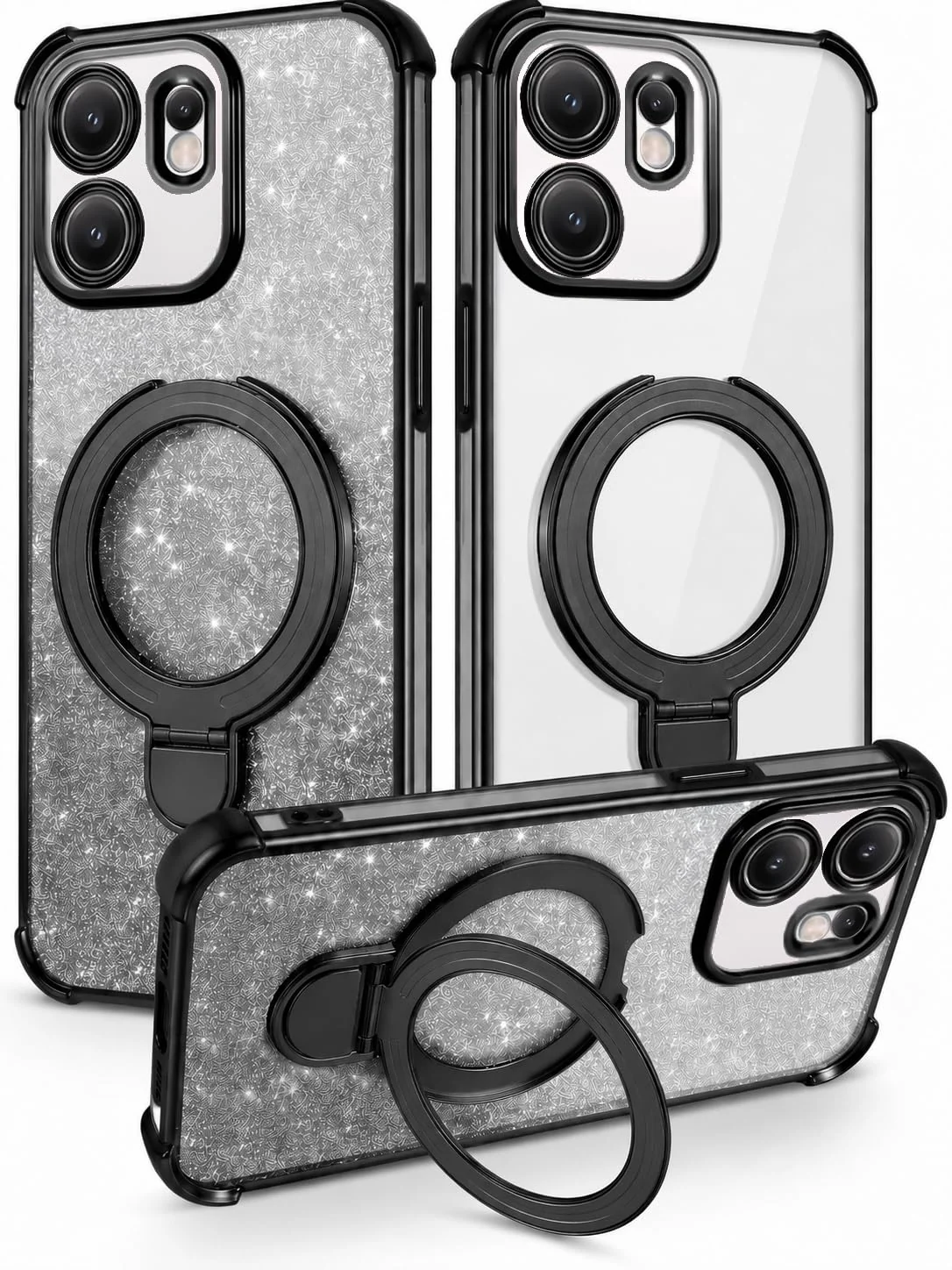 MOBIGON Glitter Phone Case with Magnetic Ring Stand for OPPO Reno 13F, Black