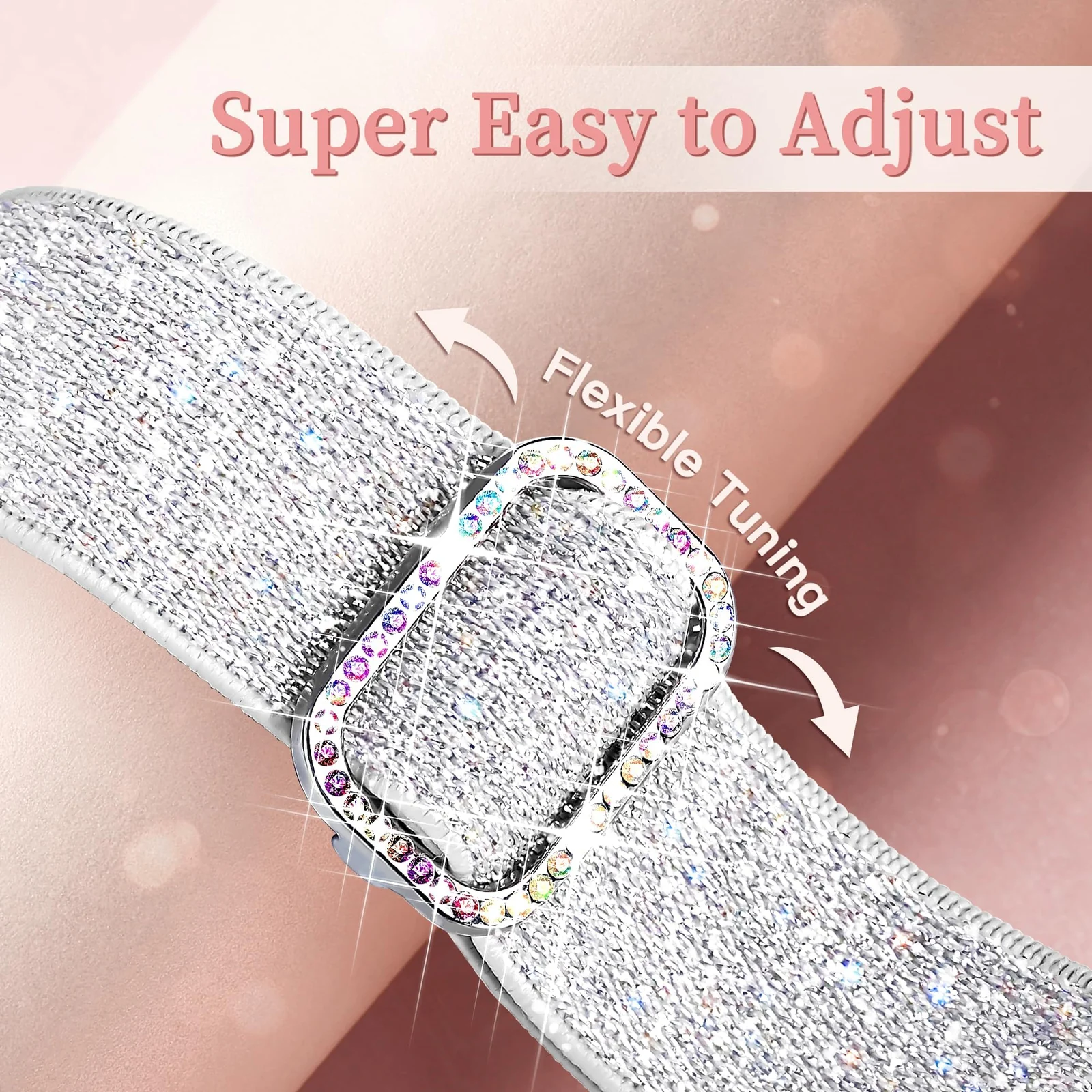 DL3 Mobilak Stretchy Bling Band For Apple Watch 49mm 46mm 45mm 44mm 42mm Women, Nylon Sparkly Strap Solo Loop Glitter Wristband for iWatch Series 10 9 8 7 6 5 4 3 2 1 SE Ultra - Silver