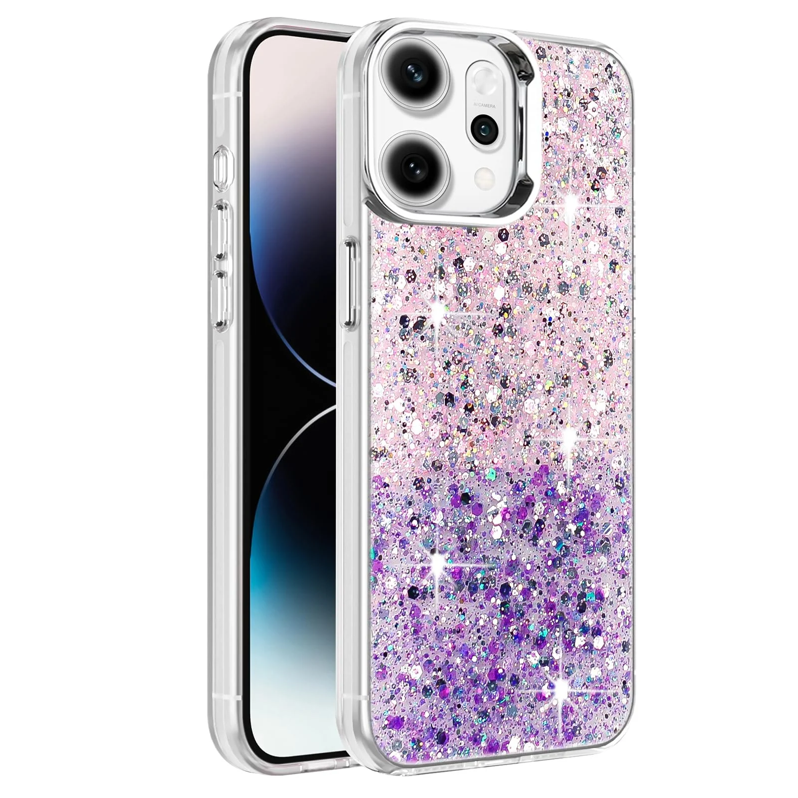 DL3 Mobilak Compatible with OPPO Reno 14 5G Case, Clear Glitter Bling Sparkly, Soft TPU Frame Bumper, Hard-Back Cover for Women & Girls, Transparent Protective Phone Case - Pink Purple