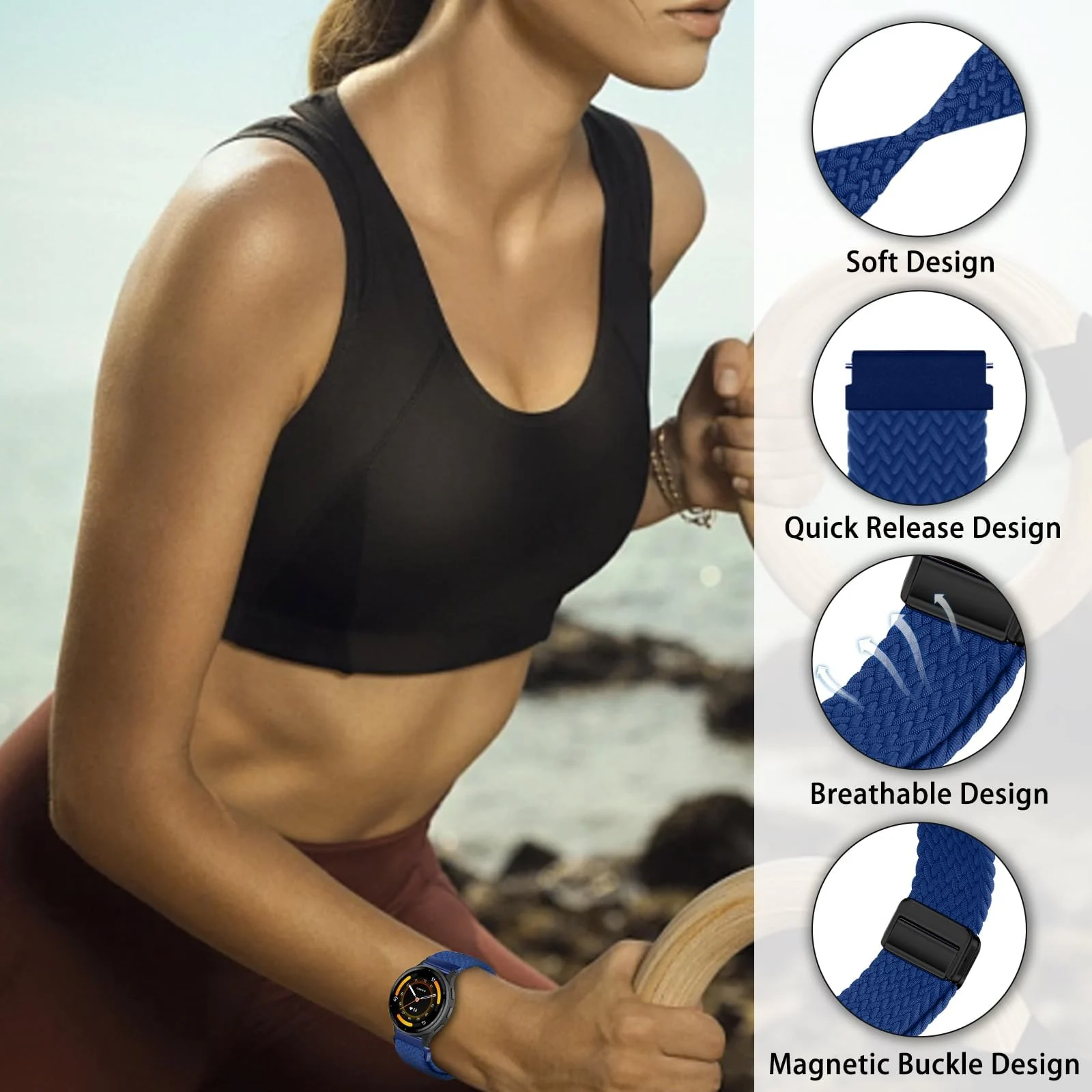DL3 Mobilak 22mm Magnetic Band for Redmi Watch 5 Active/5 Lite/Samsung Galaxy Watch 3 45mm/Watch 46mm/Gear S3/Huawei watch GT6 GT5 46MM/GT2E/GT6 Pro/GT 5 Pro/Amazfit GTR 4/3, Stretchy Braided Nylon Sport Strap - Blue