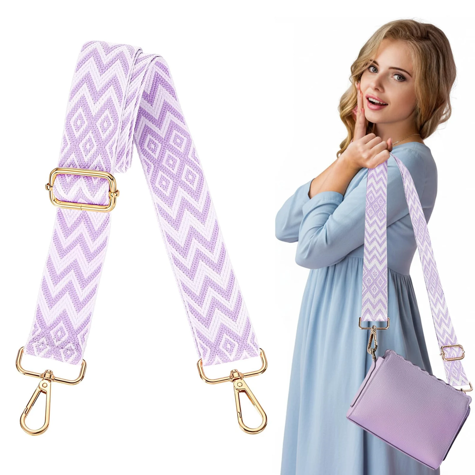 DL3 Mobilak Adjustable Wide Crossbody Bag Strap for Women, Replacement Shoulder Strap for Handbags, Totes & Purses with Elegant Embroidered Pattern and Metal Hooks - White Purple
