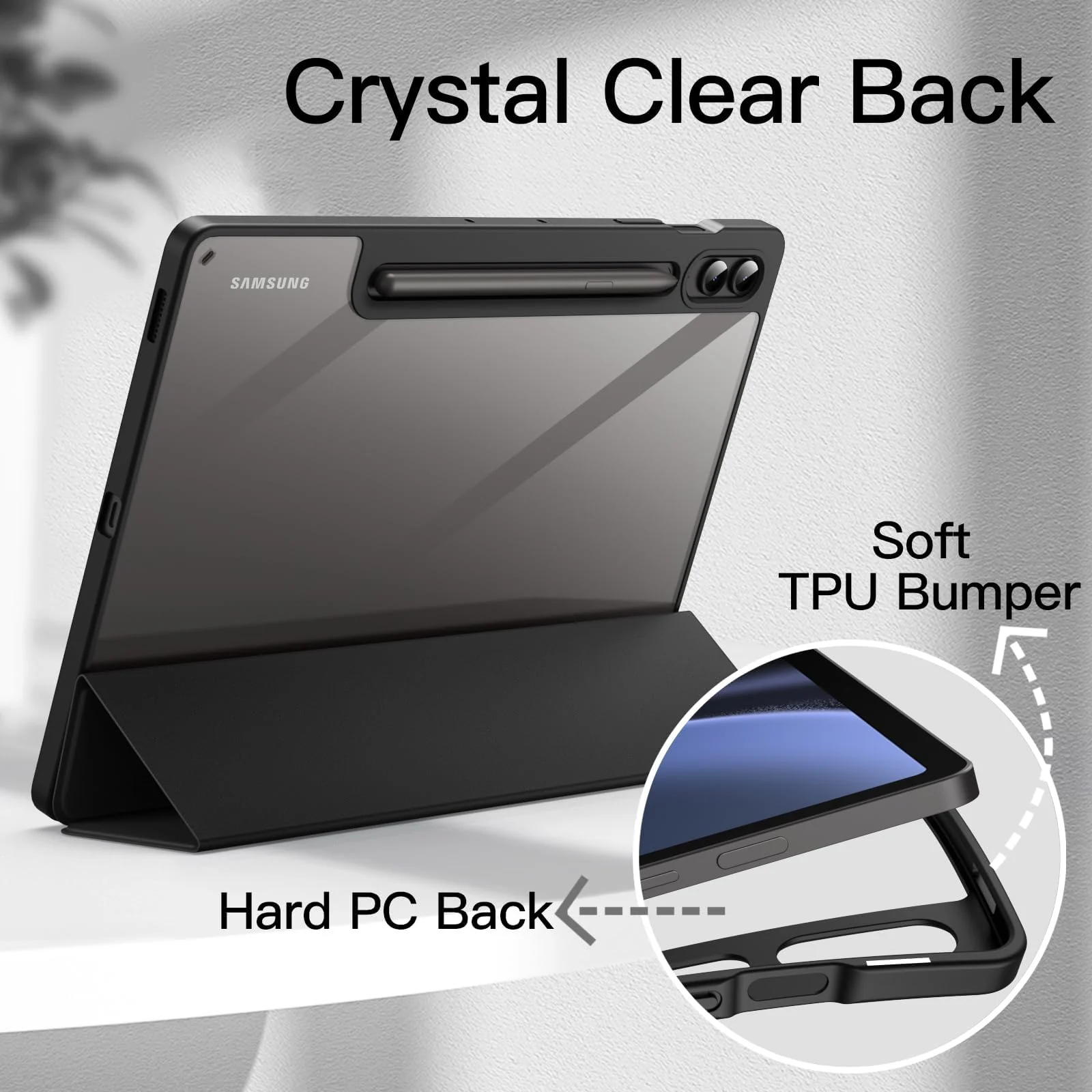 DL3 Mobilak Hybrid Slim Case for Samsung Galaxy Tab S9 FE+ / S9 FE Plus 12.4-Inch with S Pen Holder, Shockproof Cover with Clear Transparent Back Shell, Auto Wake/Sleep - Black