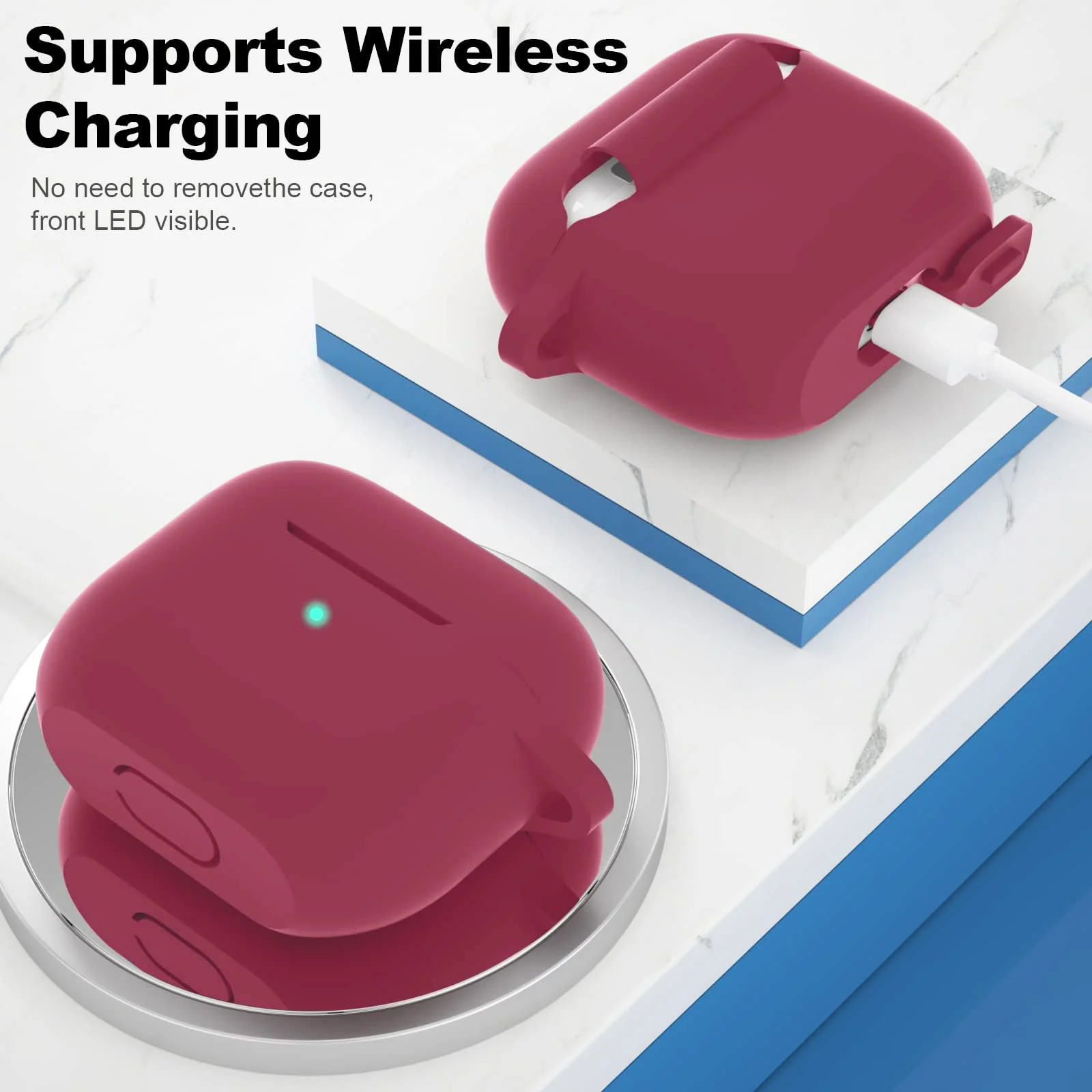 DL3 Mobilak Case Compatible with AirPods 3, Silicone Protective Accessories Skin with Keychain Compatible with AirPods 3rd Generation 2021 for Women Girl, Front LED Visible - Burgundy