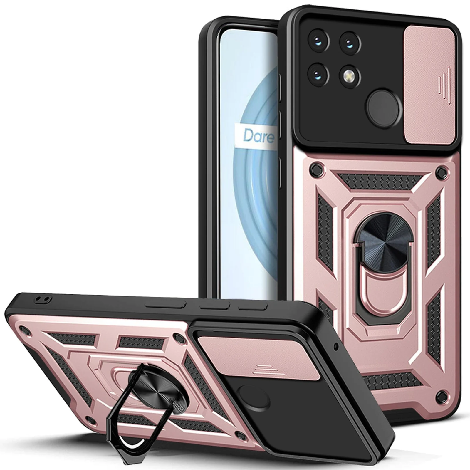DL3 Mobilak Military-Grade Protective Case with Sliding Camera Cover, Metal Ring Kickstand and Magnetic Car-Mount Support for realme Narzo 50A - Rose Gold