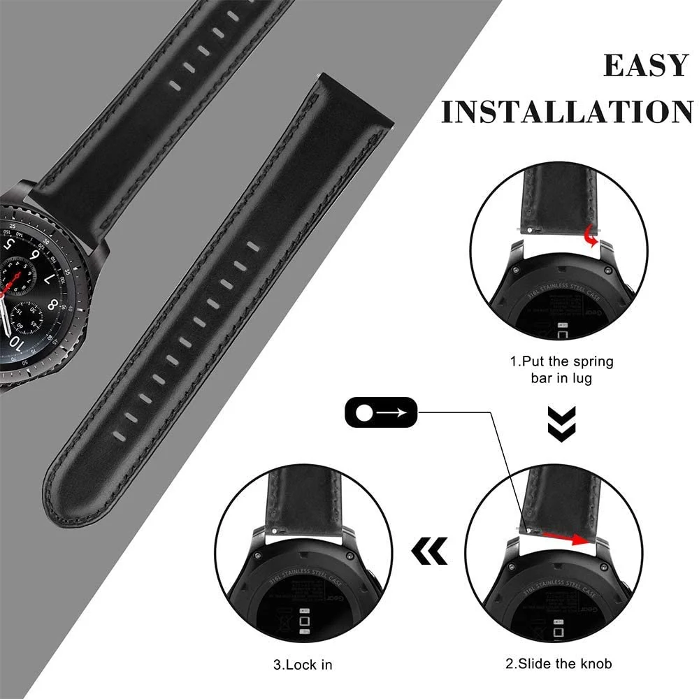 DL3 Mobilak Leather Band 20MM Strap For Samsung Gear Sport/Watch 4/Watch 5/5 Pro /S2 classic/active 2 40mm 44mm/Amazfit GTS 3/ GTS 4/4 Mini/Bip 3/Pro/GTS 2 mini/GTS 2e/Bip U/UPro - Black