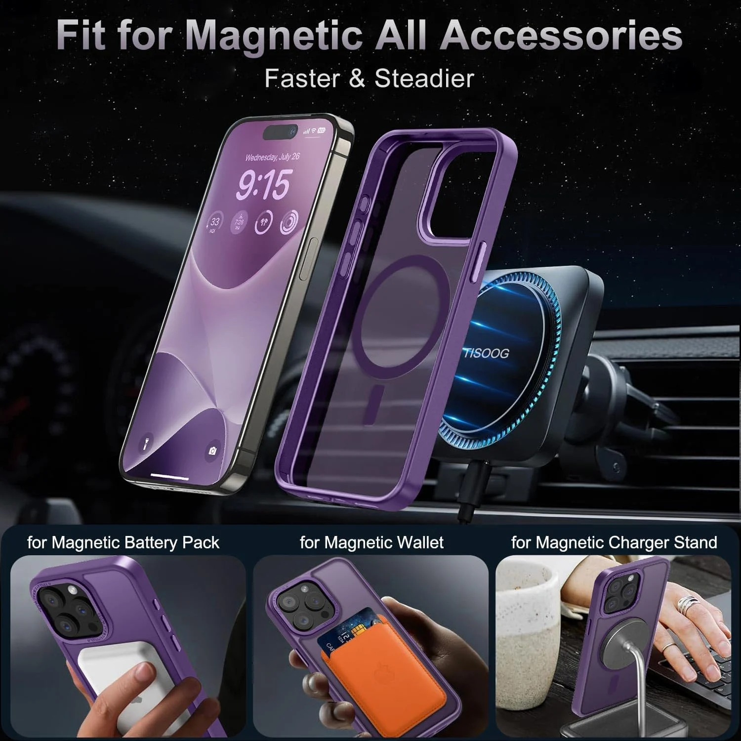 DL3 Mobilak Wallet Case with Card Slot for iPhone 14 Pro (6.1 Inch) with Ring Holder and Magnetic Car-Mount Support - Purple