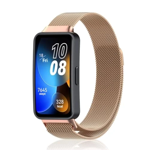 Dl3 Mobilak Replacement Band for Huawei Band 10/9/8 Replacement Strap Magnetic Metal Stainless Steel Mesh Replacement Strap for Men and Women Huawei Band 8/9/10 (A-Rose Gold)