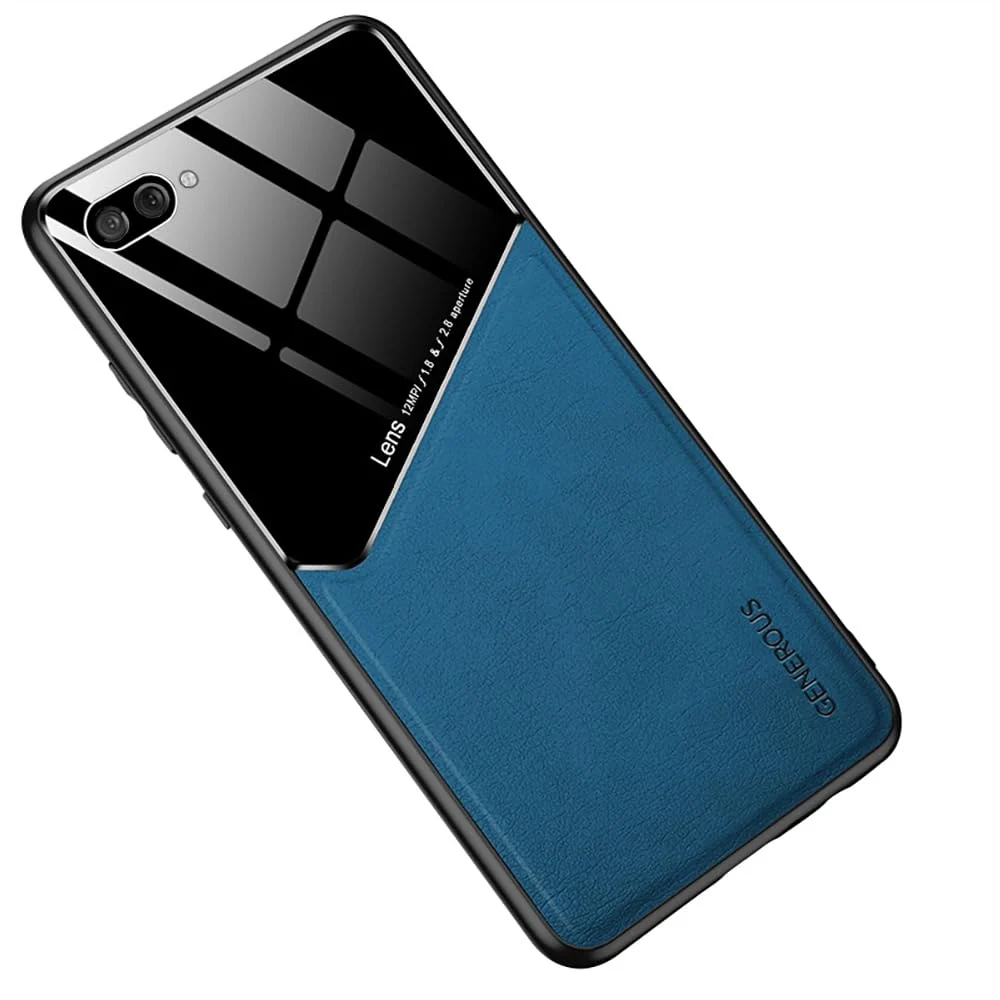 DL3 Mobilak Luxury Case Compatible with OPPO A3S, Ultra-Thin Soft TPU Frame, Back Leather Mixed Double+Plexiglass Protective Cover With Built-in Car Magnetic - Blue
