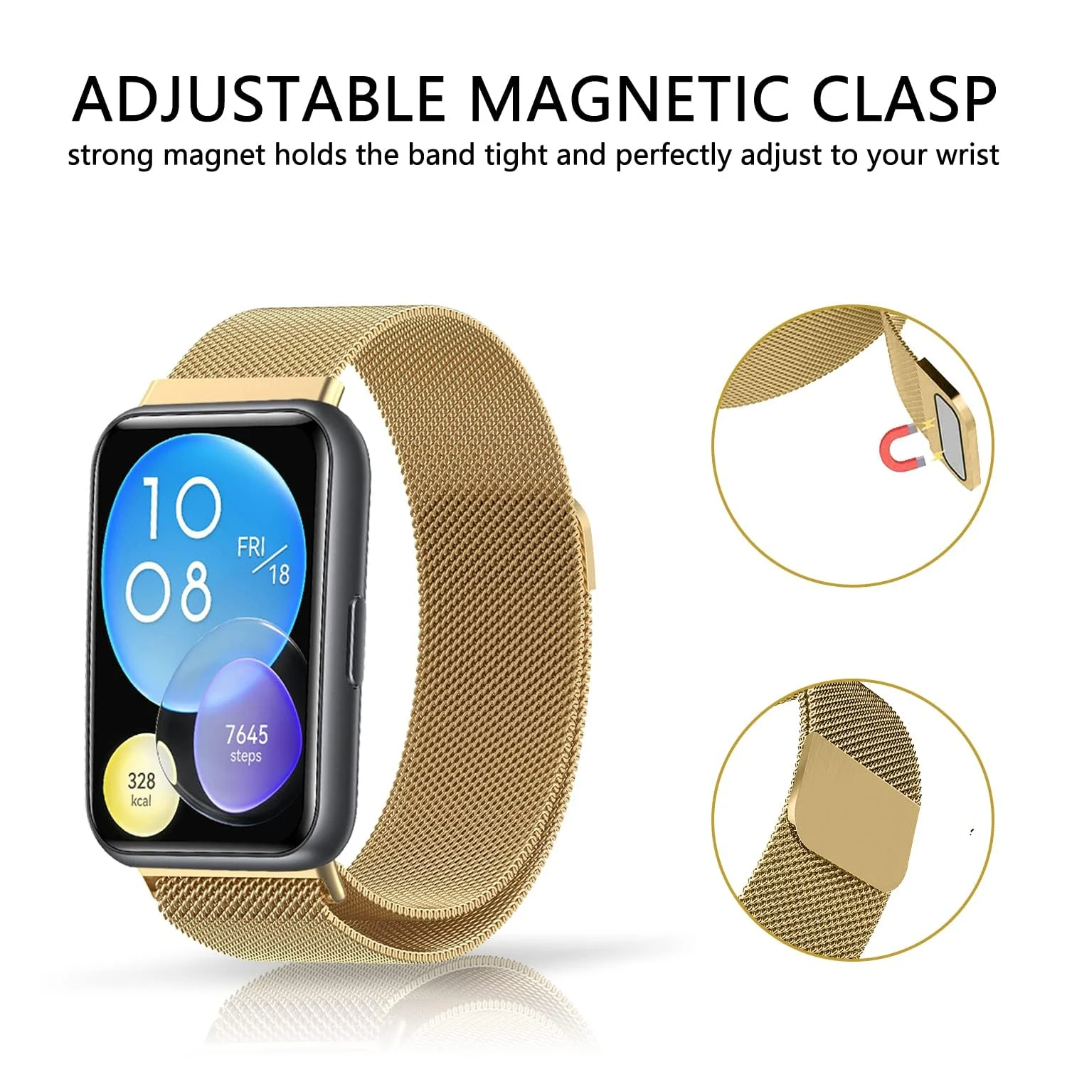 DL3 Mobilak Bracelet Compatible with Huawei Watch Fit 2, Stainless Steel Replacement Strap, Mesh Metal Watch Strap, Magnetic Adjustable Replacement Strap Compatible with Huawei Watch Fit2 - Gold