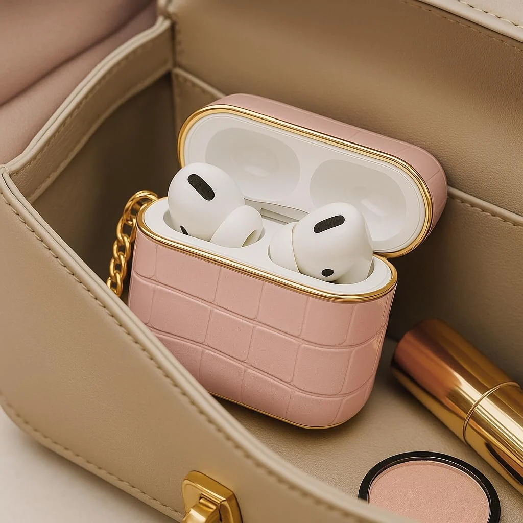 DL3 Mobilak Luxury Compatible with AirPods Pro 1/2 Case with Gold Chain, Crocodile Pattern PU Leather Protective Cover Compatible with AirPods Pro 2nd/1st, Shockproof - Pink