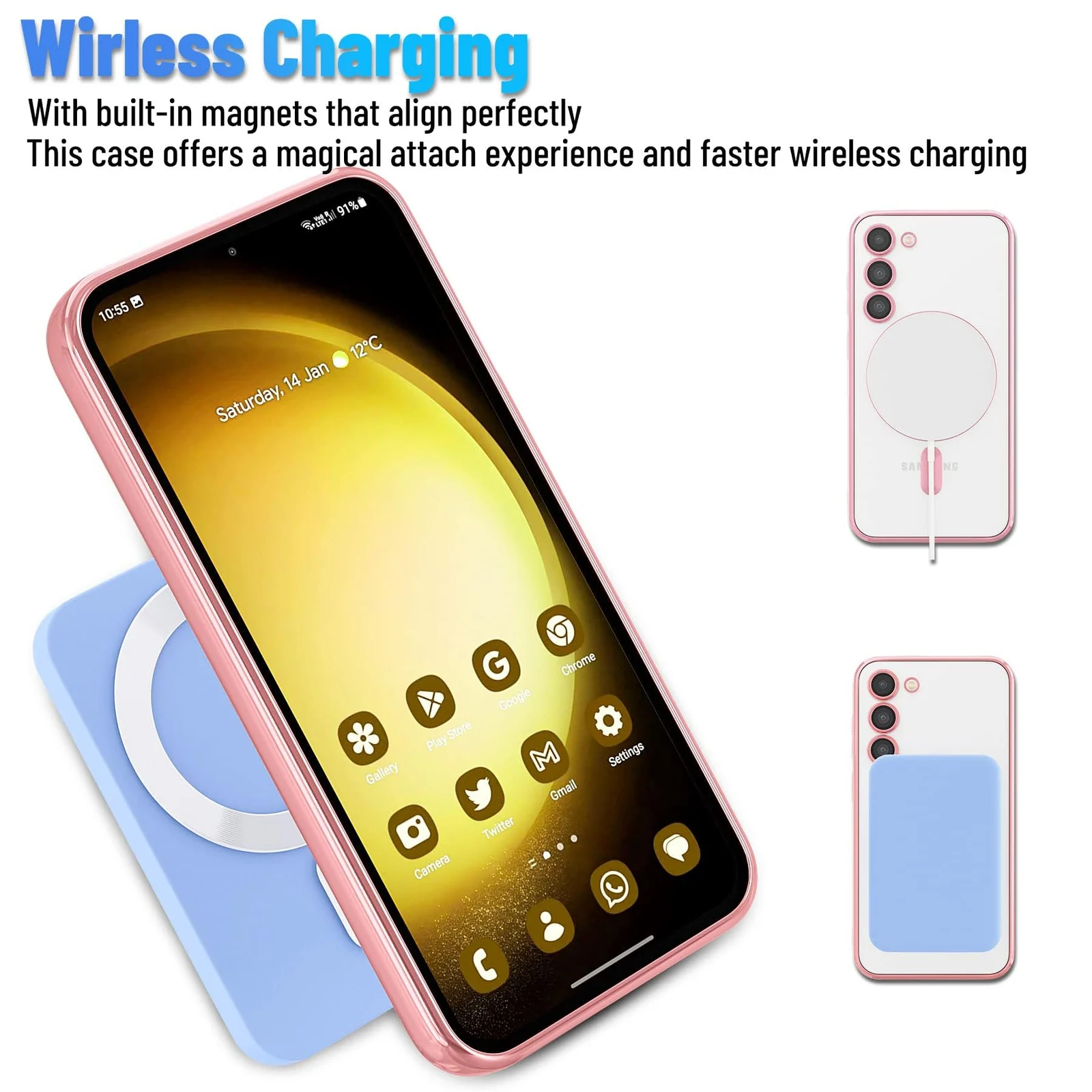DL3 Mobilak Case For Samsung Galaxy S23 MagSafe with Camera Lens Protector, Magnetic Clear Case Full Protection Plating Anti-Scratch Slim Thin Case Cover - Rose Gold