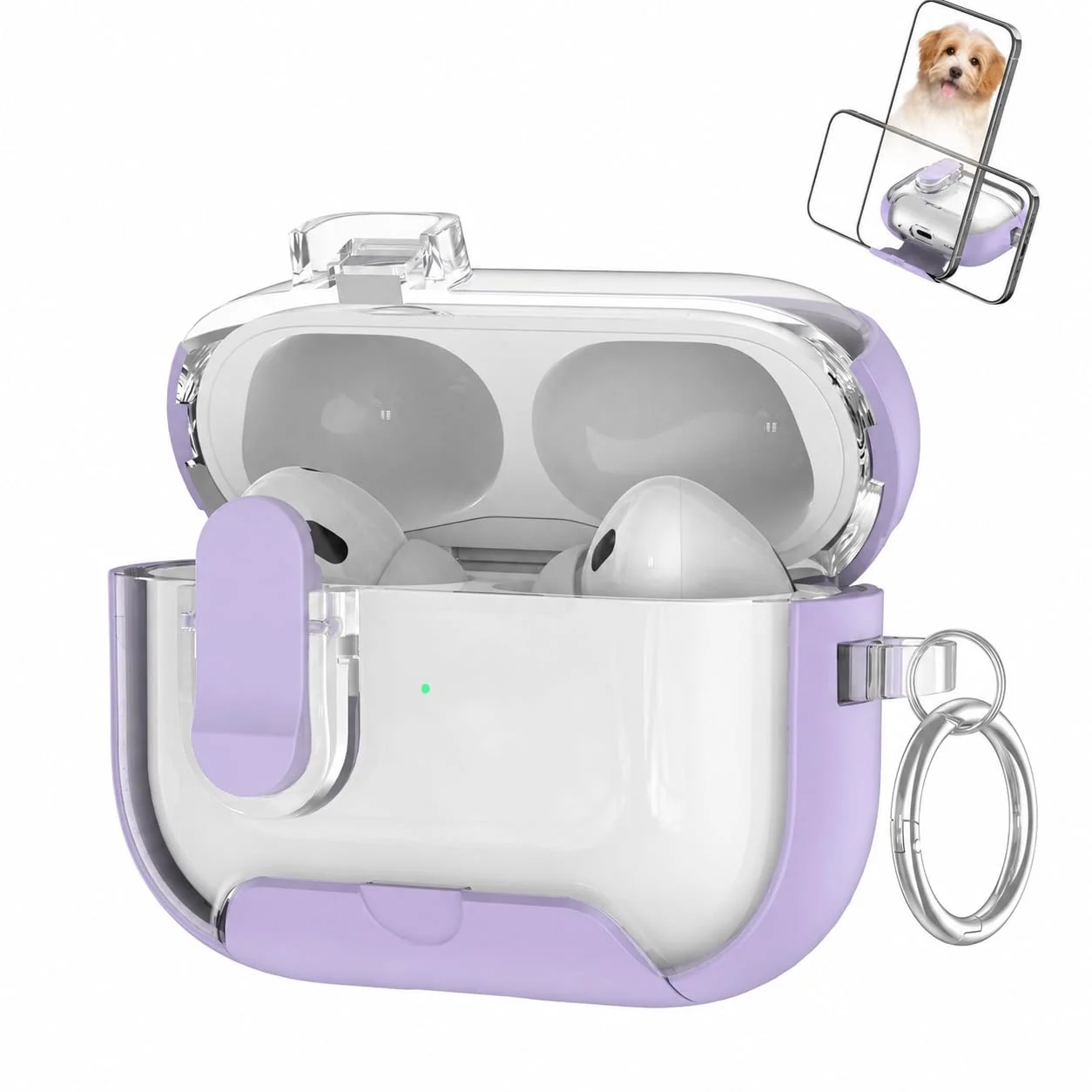 MOBIGON Locking Protective Case with Carabiner for AirPods Pro 1 / 2, Clear / Lavender