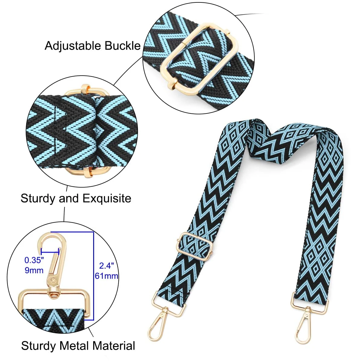 DL3 Mobilak Adjustable Wide Crossbody Bag Strap for Women, Replacement Shoulder Strap for Handbags, Totes & Purses with Elegant Embroidered Pattern and Metal Hooks - Blue Black