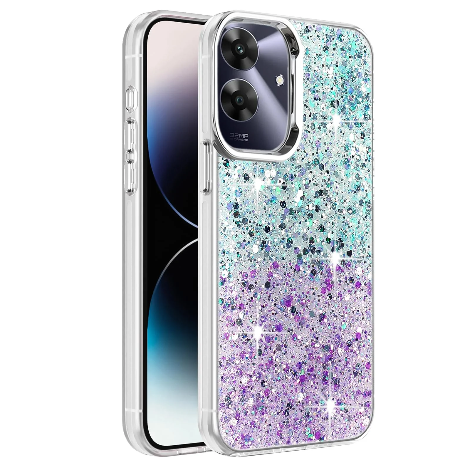DL3 Mobilak Glitter Rhinestone Protective Case for OPPO realme Note 60 with Shockproof Design - Green Purple