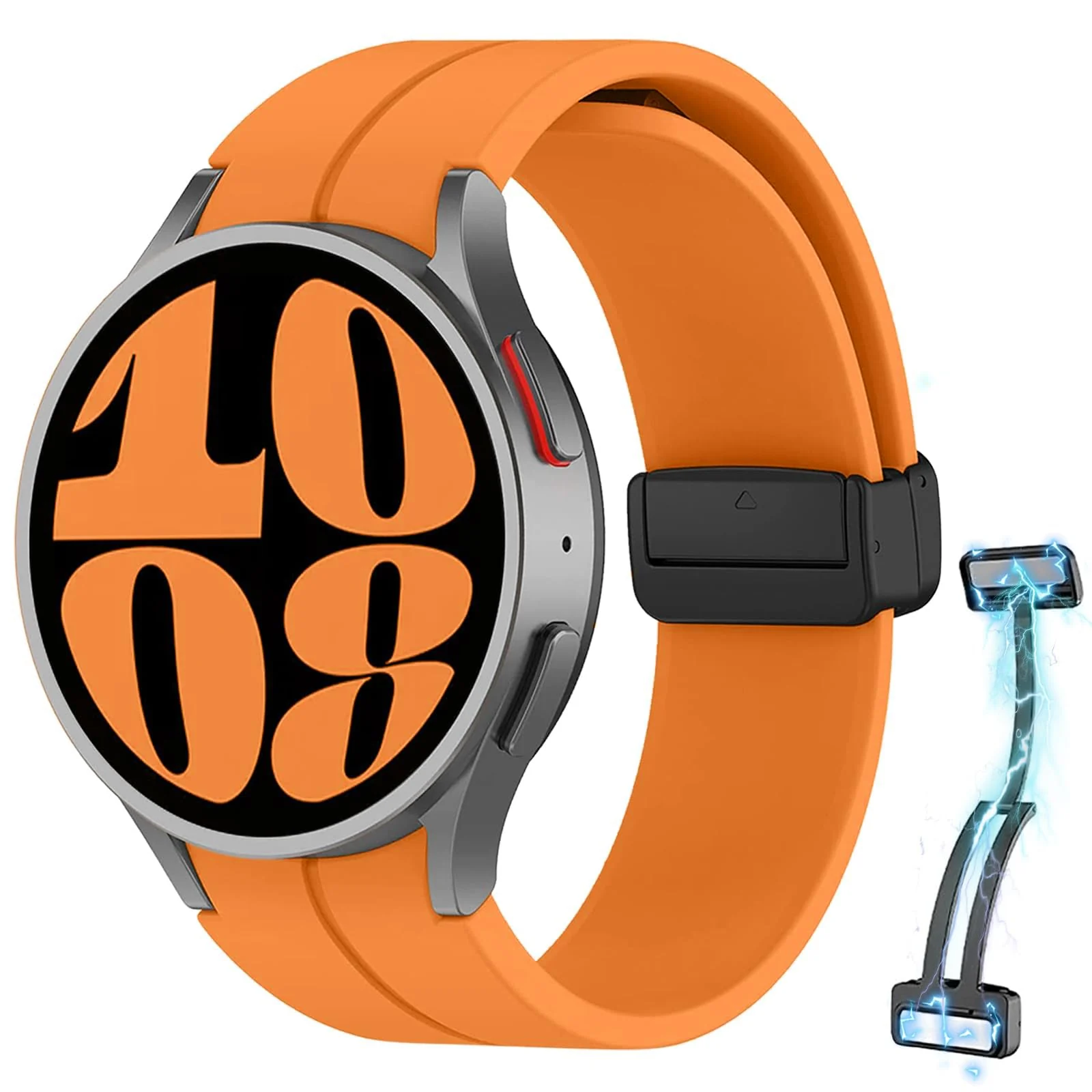 DL3 Mobilak Strap Compatible with Samsung Galaxy Watch 7 FE 6 5 4 Strap 40mm 44mm/Watch 6 Classic 43mm 47mm/5 Pro 45mm/4 Classic 42mm 46mm, No Gap Magnetic Clasp Silicone Band - Orange