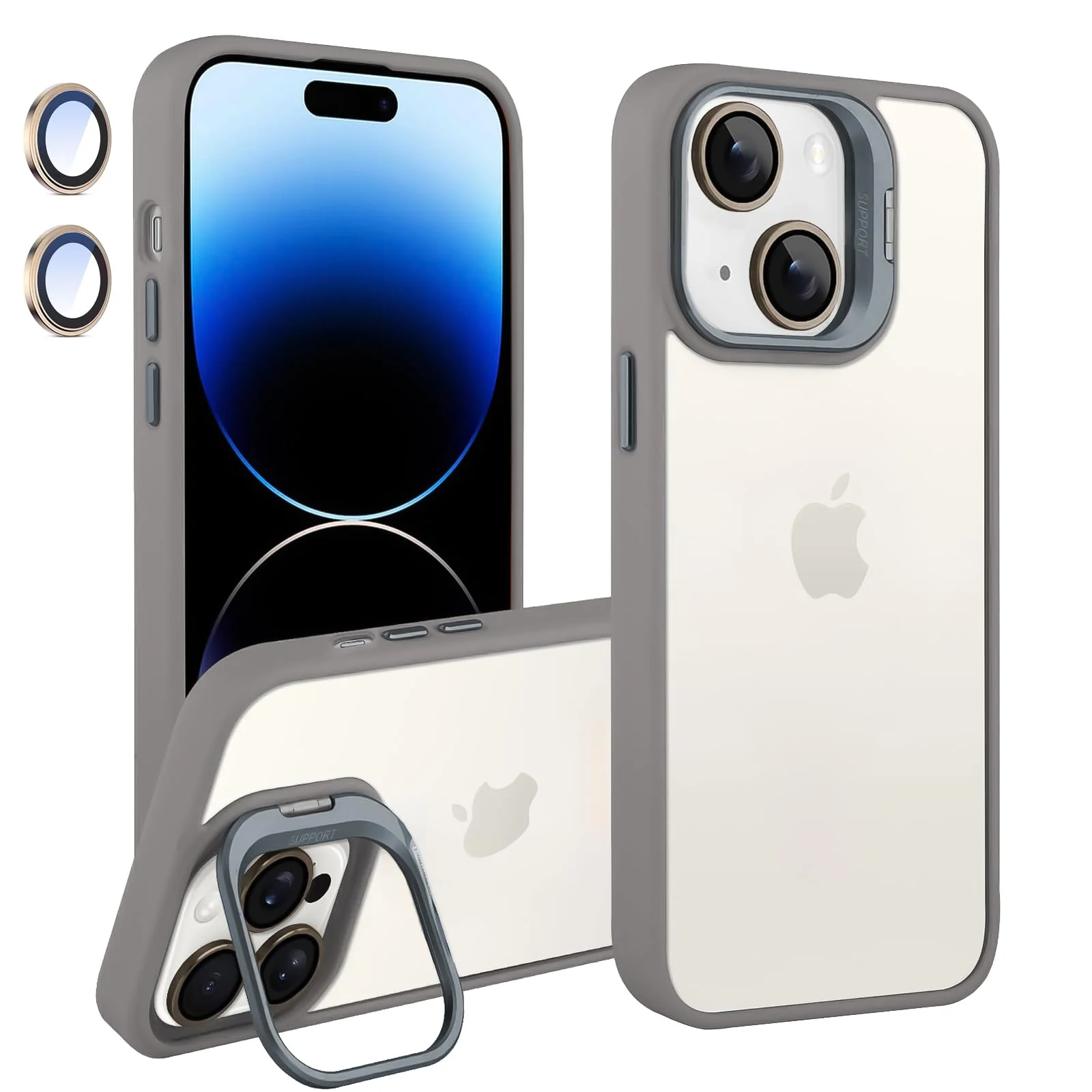 DL3 Mobilak Clear PC and TPU Case with Camera Ring Kickstand and Lens Protector for iPhone 13 / iPhone 14 - Titanium