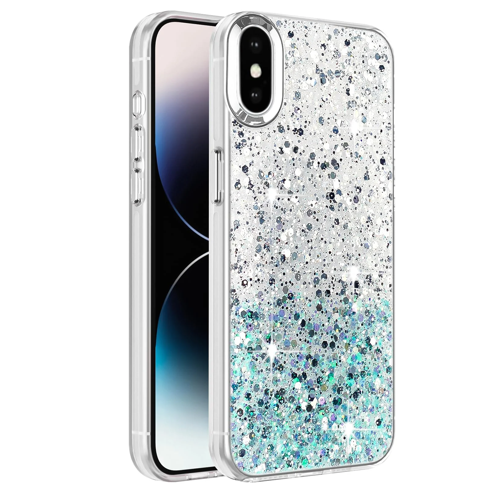 DL3 Mobilak Compatible with iPhone XS Max Case, Clear Glitter Bling Sparkly, Soft TPU Frame Bumper, Hard-Back Cover for Women & Girls, Transparent Protective Phone Case - White Green