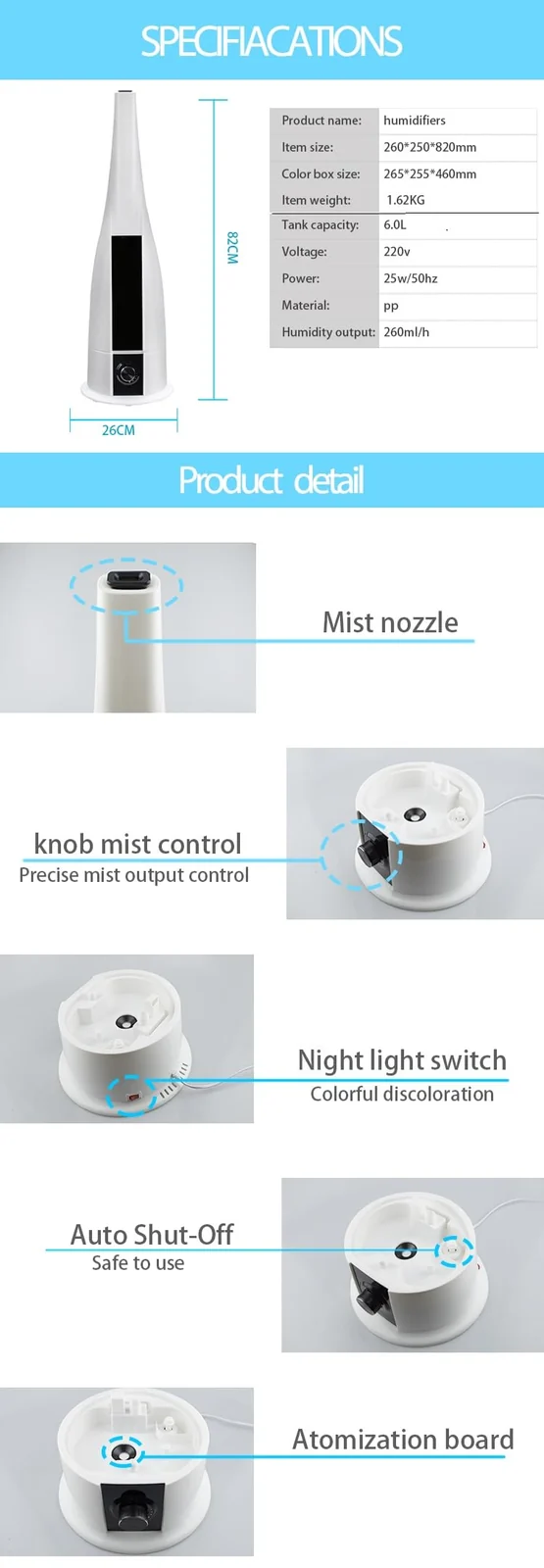 Mobigon 6 Litres Humidifier for Room, Cool Mist Ultrasonic Humidifier/Essential Oil Diffuser, Super Quiet 360°Nozzle, Colorful Change, Auto Shut Off&UV Light&, Lasts Up to 24 Hours - White & Black