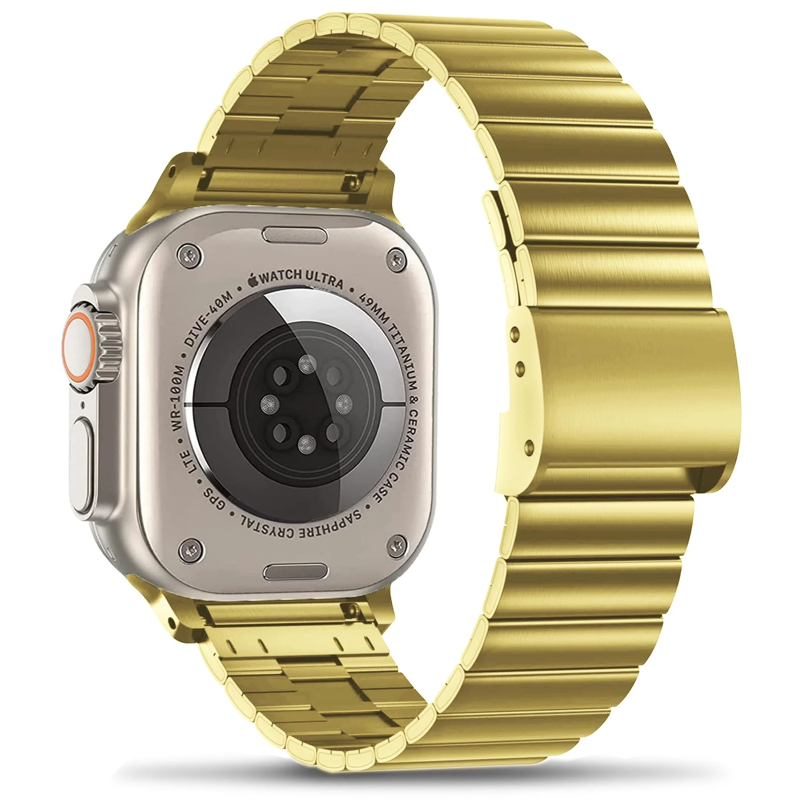DL3 Mobilak Case with Strap For Apple Watch Ultra 2 49mm Stainless Steel Metal Straps, Hard PC Case With Glass Screen Protector Cover with Strap Bands for Apple Watch Ultra 49mm - Gold Yellow