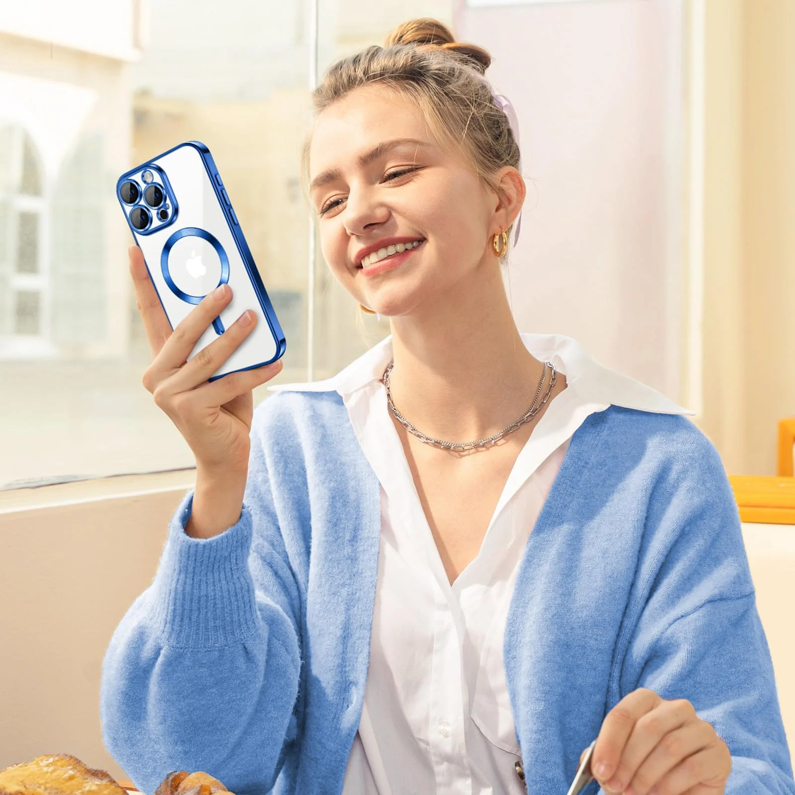 DL3 Mobilak Soft Clear Case for iPhone 15 Pro Max 6.7-Inch, Camera Lens Full Protection, Compatible with MagSafe Wireless Charging, Shockproof Electroplated TPU Phone Cover (Black) - Blue